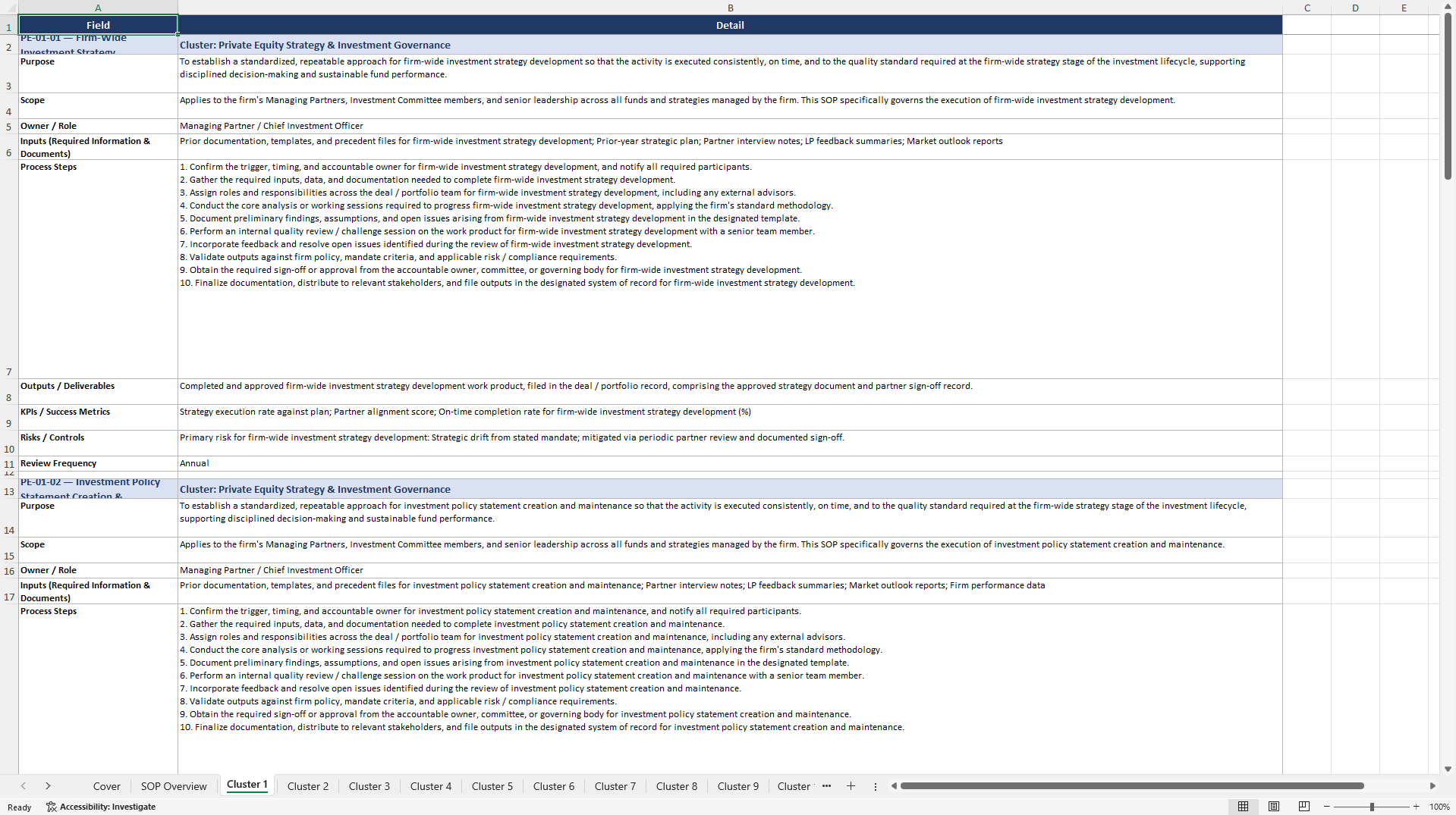 100+ Private Equity (PE) Strategy SOPs (Excel template (XLSX)) Preview Image