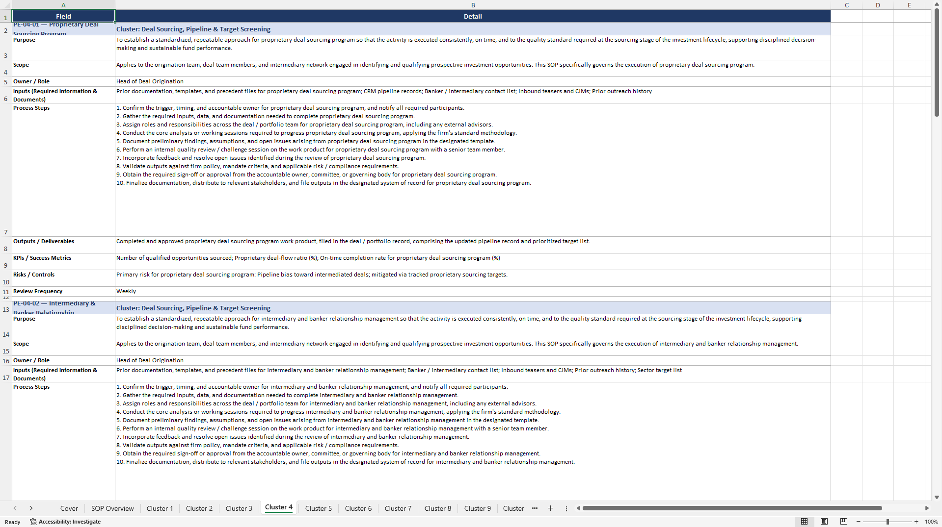 100+ Private Equity (PE) Strategy SOPs (Excel template (XLSX)) Preview Image