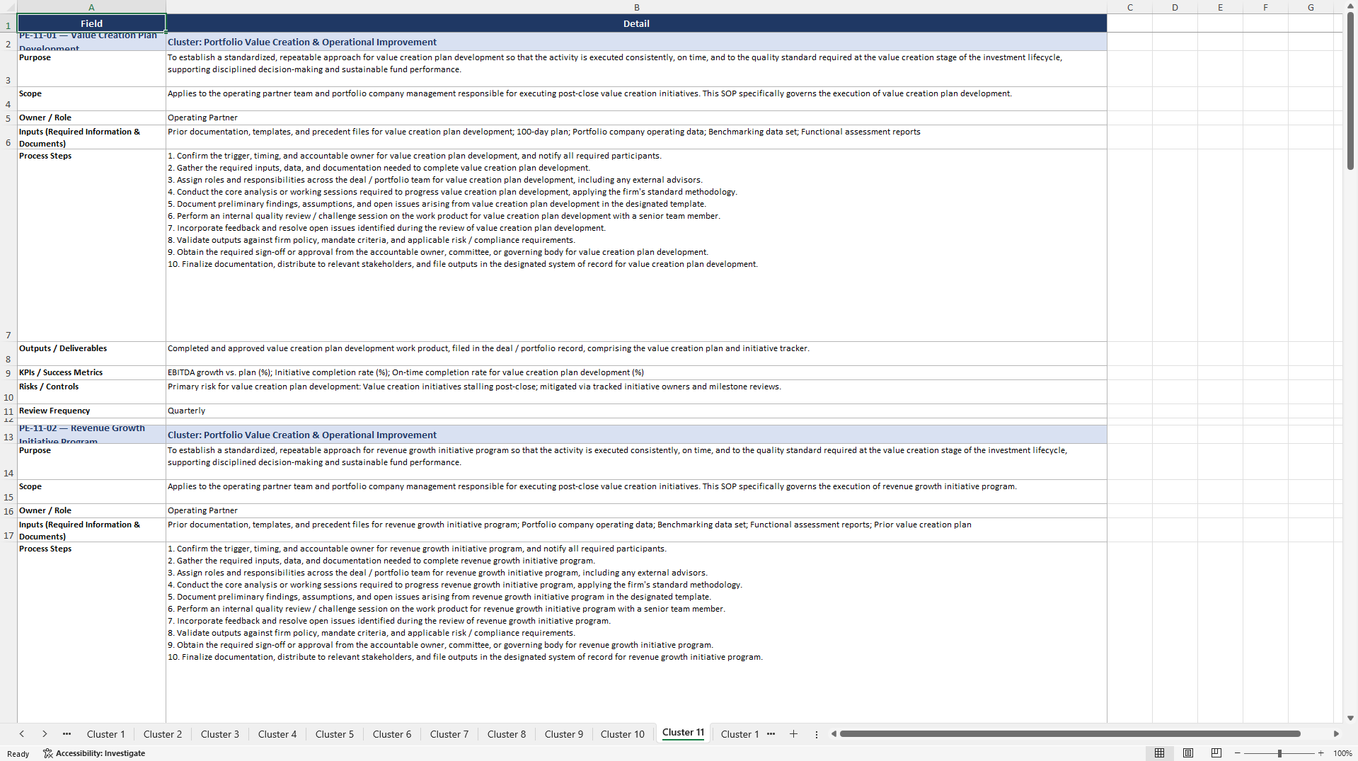 100+ Private Equity (PE) Strategy SOPs (Excel template (XLSX)) Preview Image