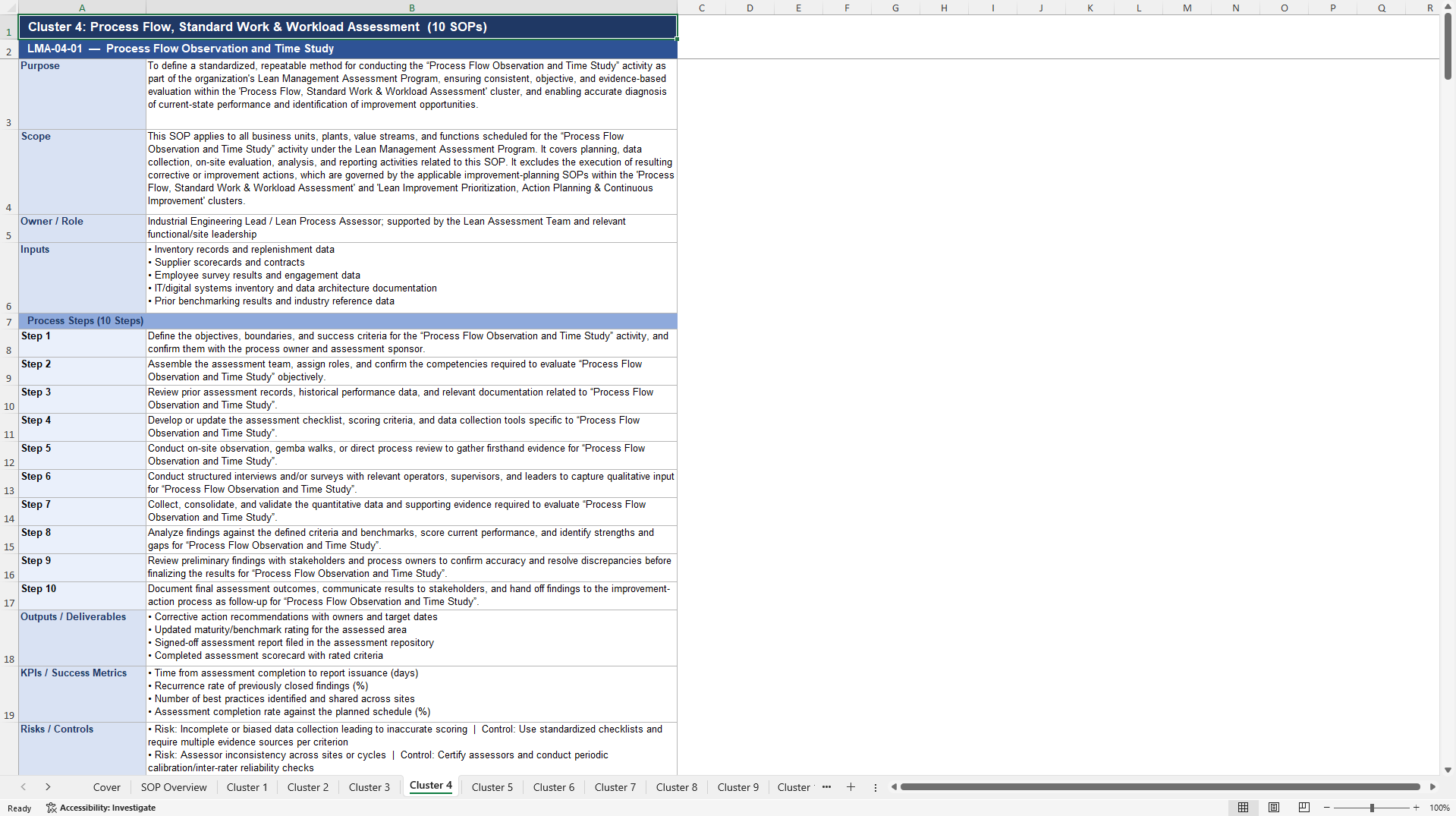 100+ Lean Management Assessment SOPs (Excel template (XLSX)) Preview Image