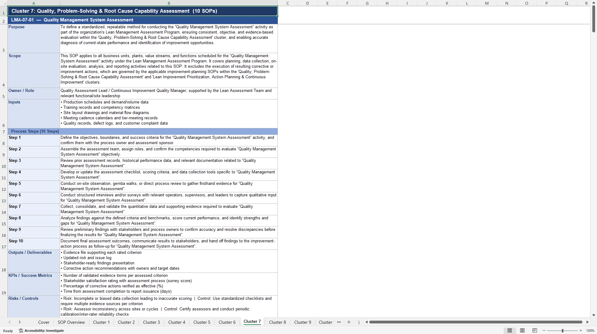 100+ Lean Management Assessment SOPs (Excel template (XLSX)) Preview Image
