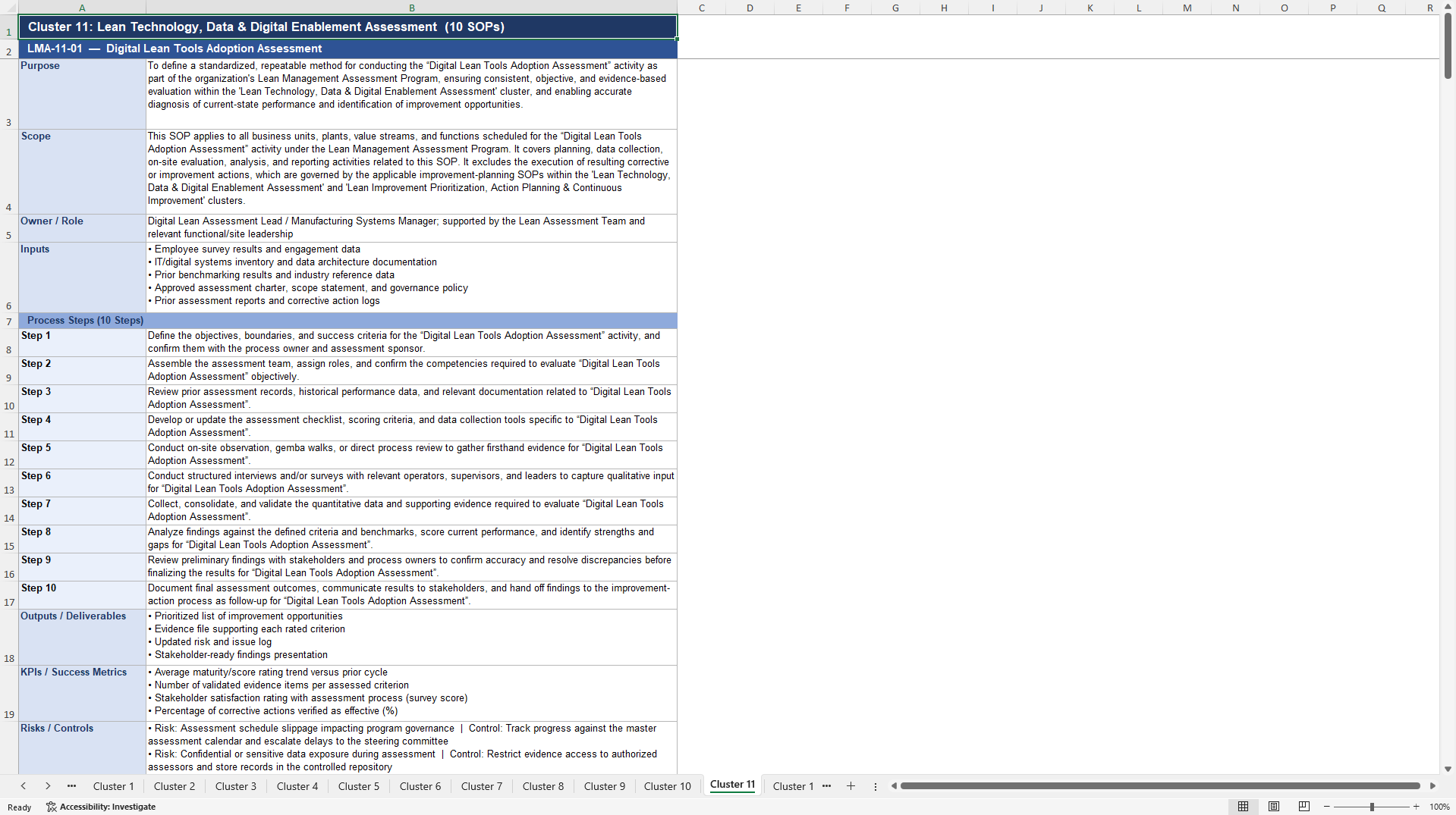 100+ Lean Management Assessment SOPs (Excel template (XLSX)) Preview Image