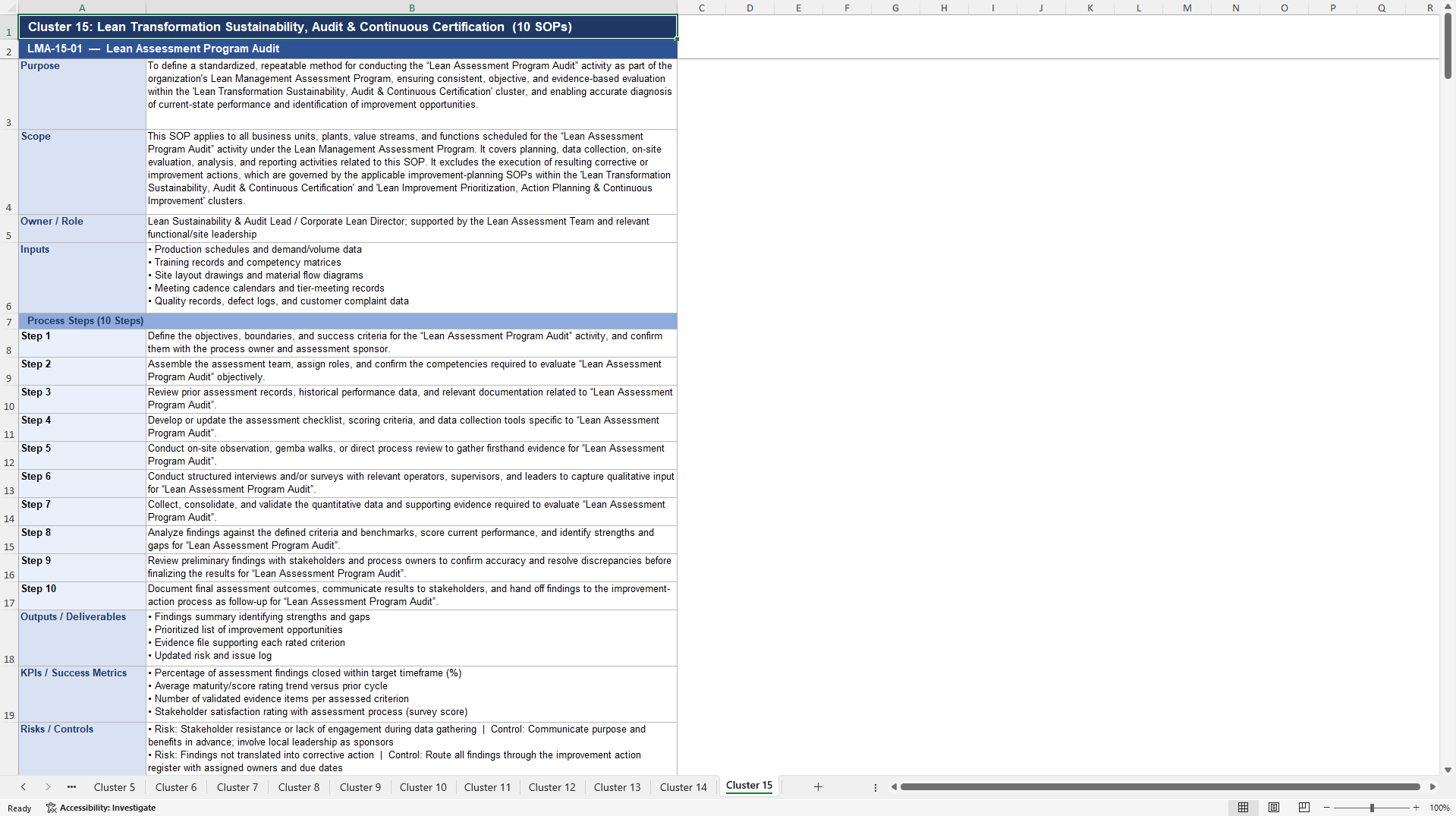 100+ Lean Management Assessment SOPs (Excel template (XLSX)) Preview Image