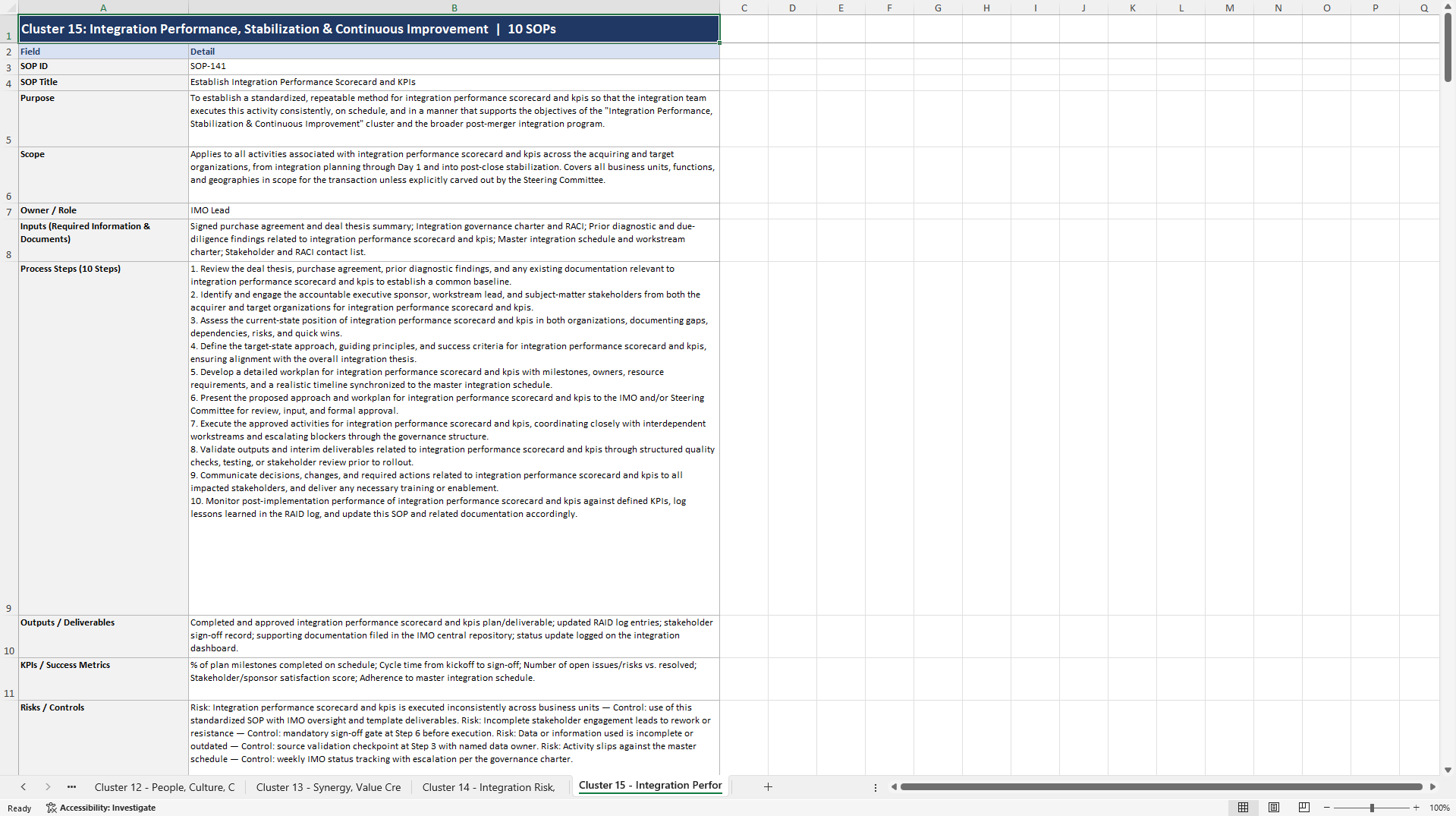 100+ Post-merger Integration Consulting SOPs (Excel template (XLSX)) Preview Image