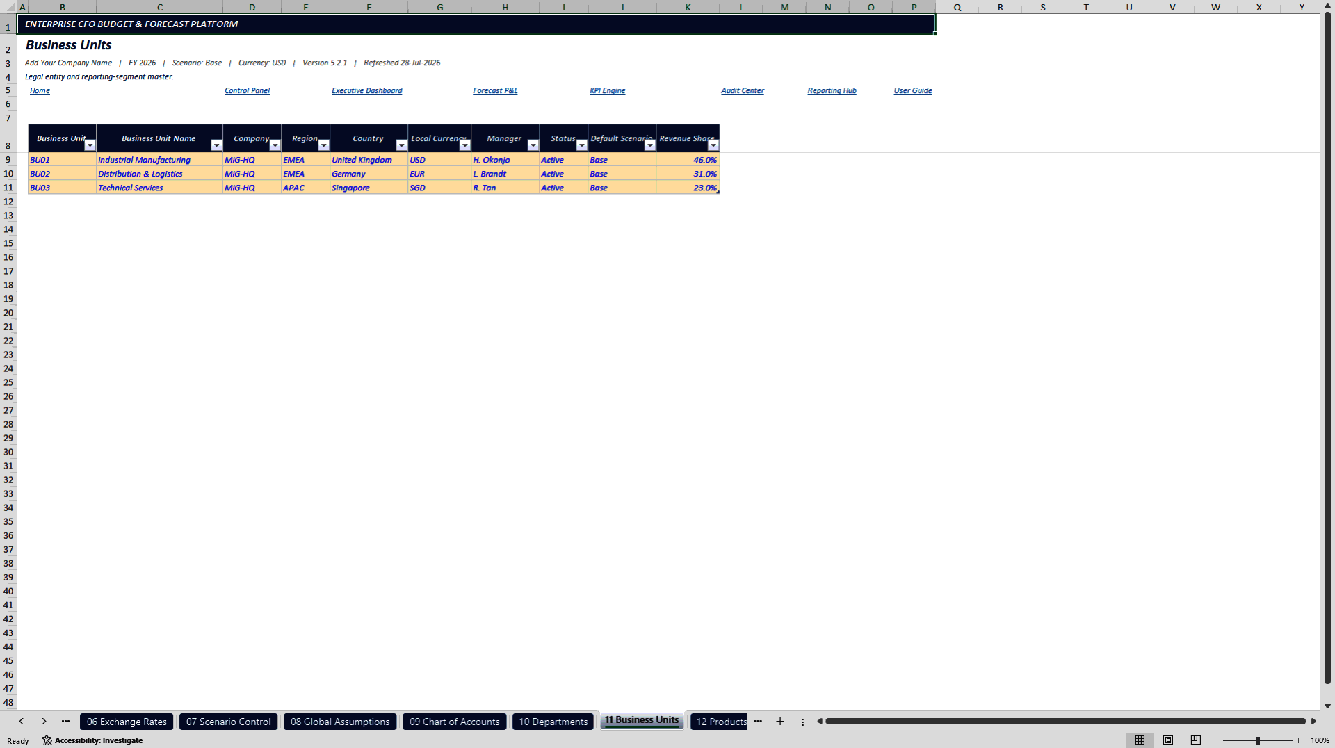 Enterprise CFO Budget and Forecast Platform (Excel template (XLSX)) Preview Image