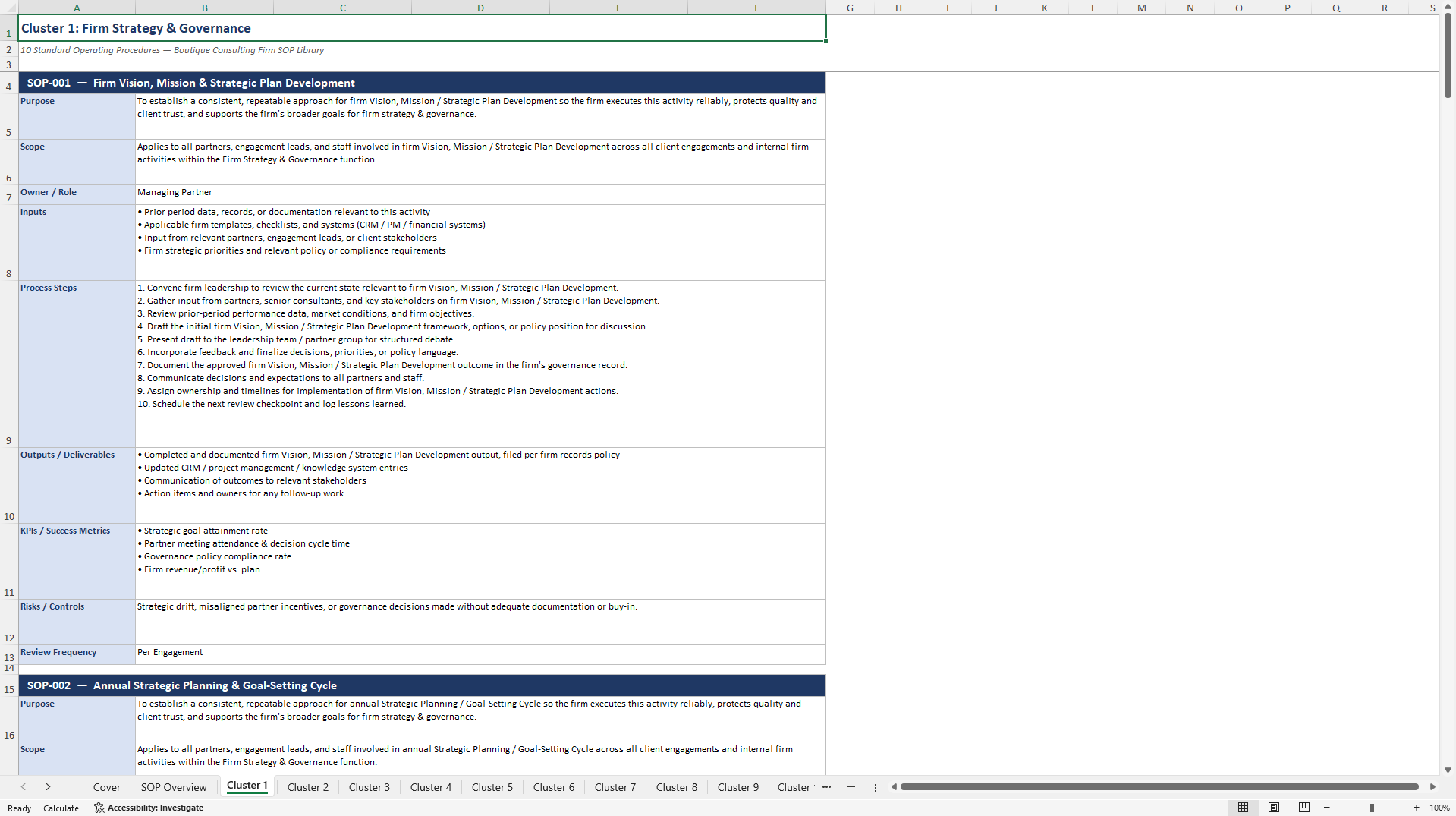 100+ Boutique Consulting Firm SOPs (Excel template (XLSX)) Preview Image