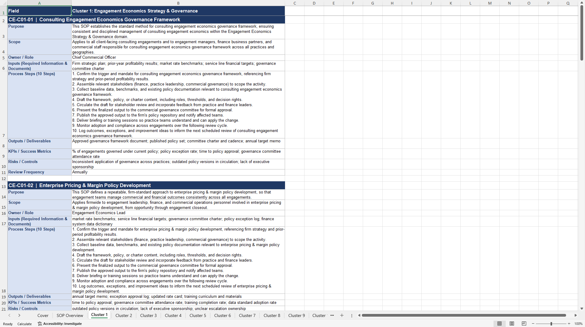100+ Consulting Engagement Economics & Profitability SOPs (Excel template (XLSX)) Preview Image