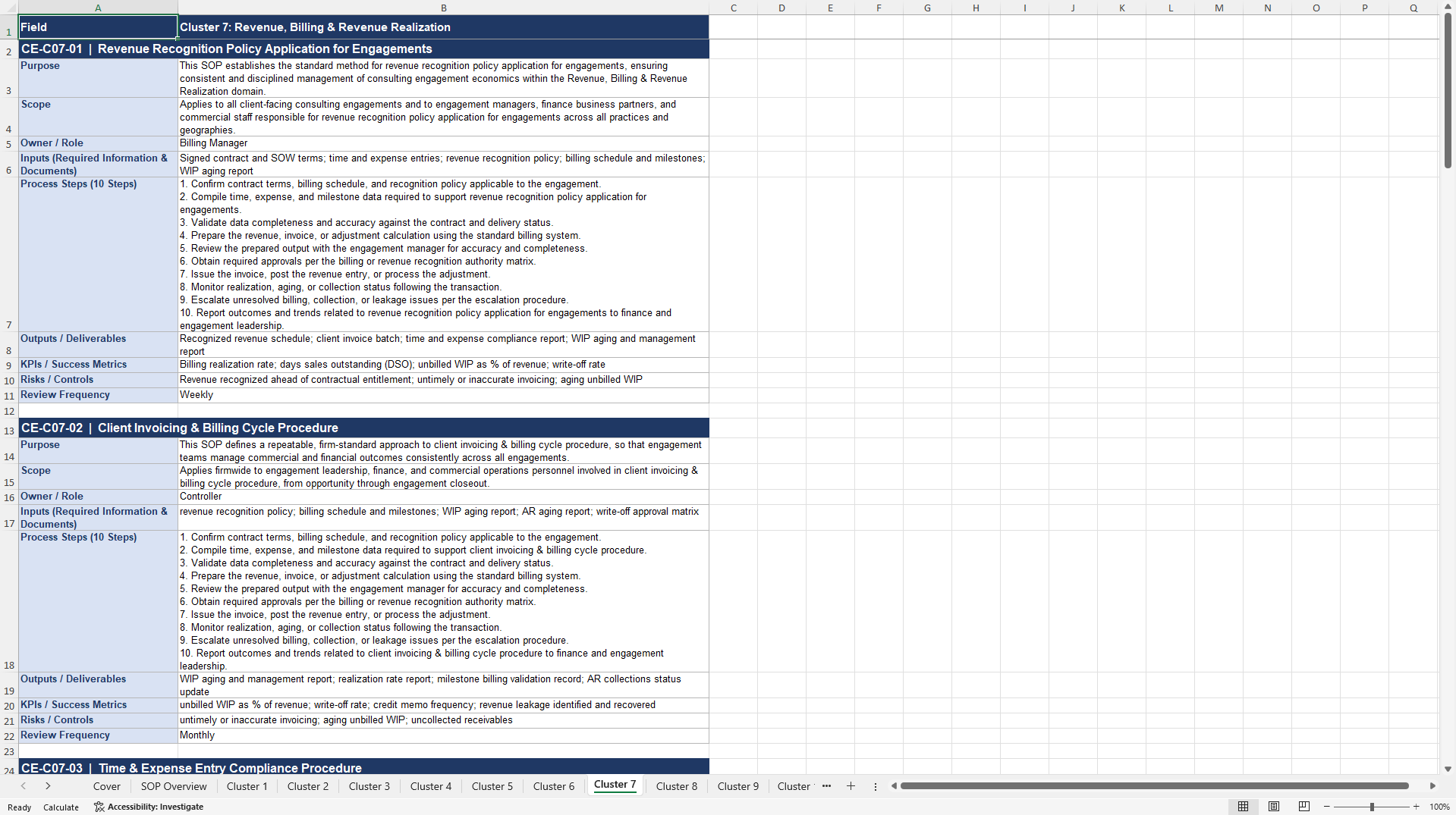 100+ Consulting Engagement Economics & Profitability SOPs (Excel template (XLSX)) Preview Image