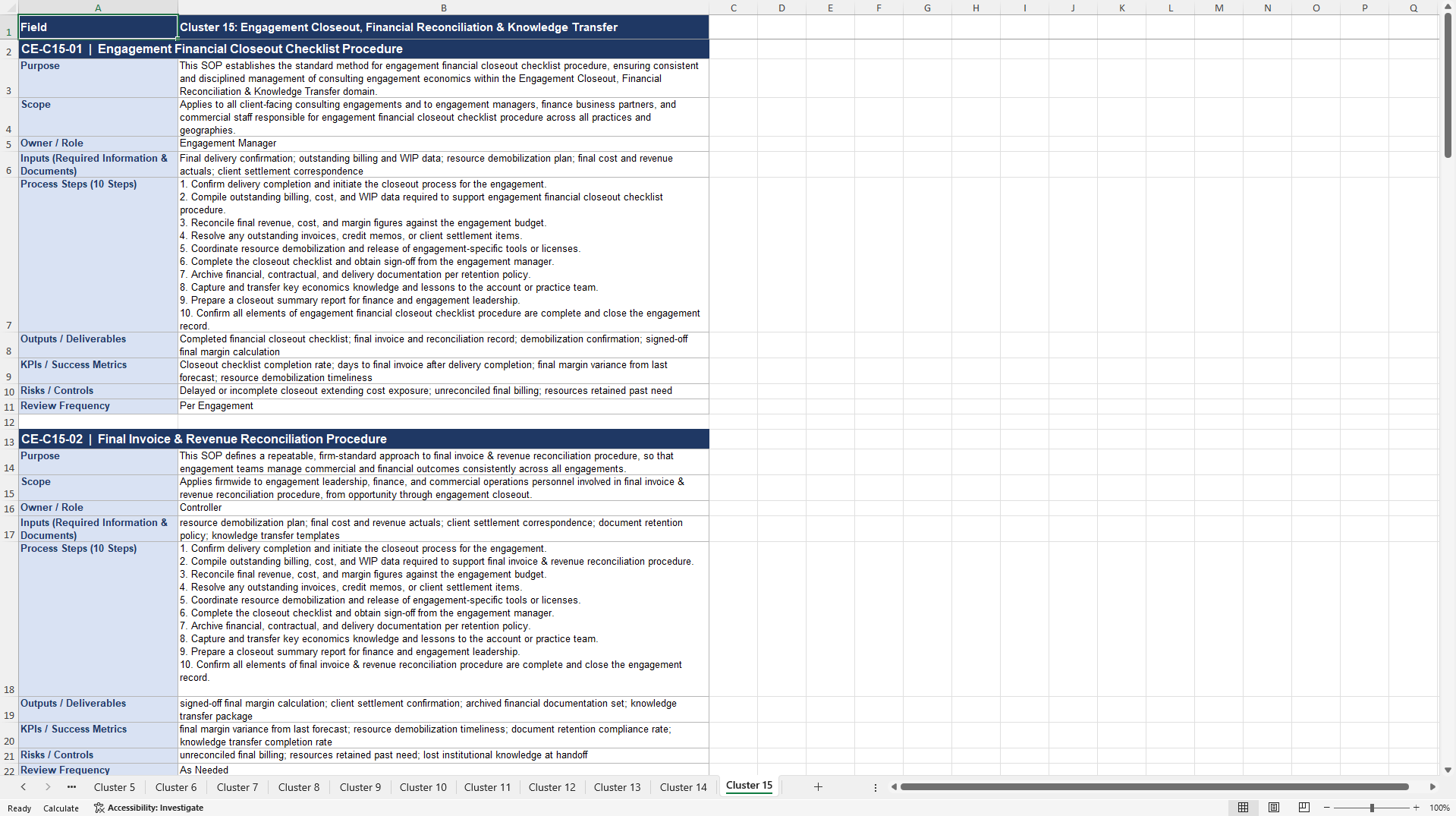 100+ Consulting Engagement Economics & Profitability SOPs (Excel template (XLSX)) Preview Image