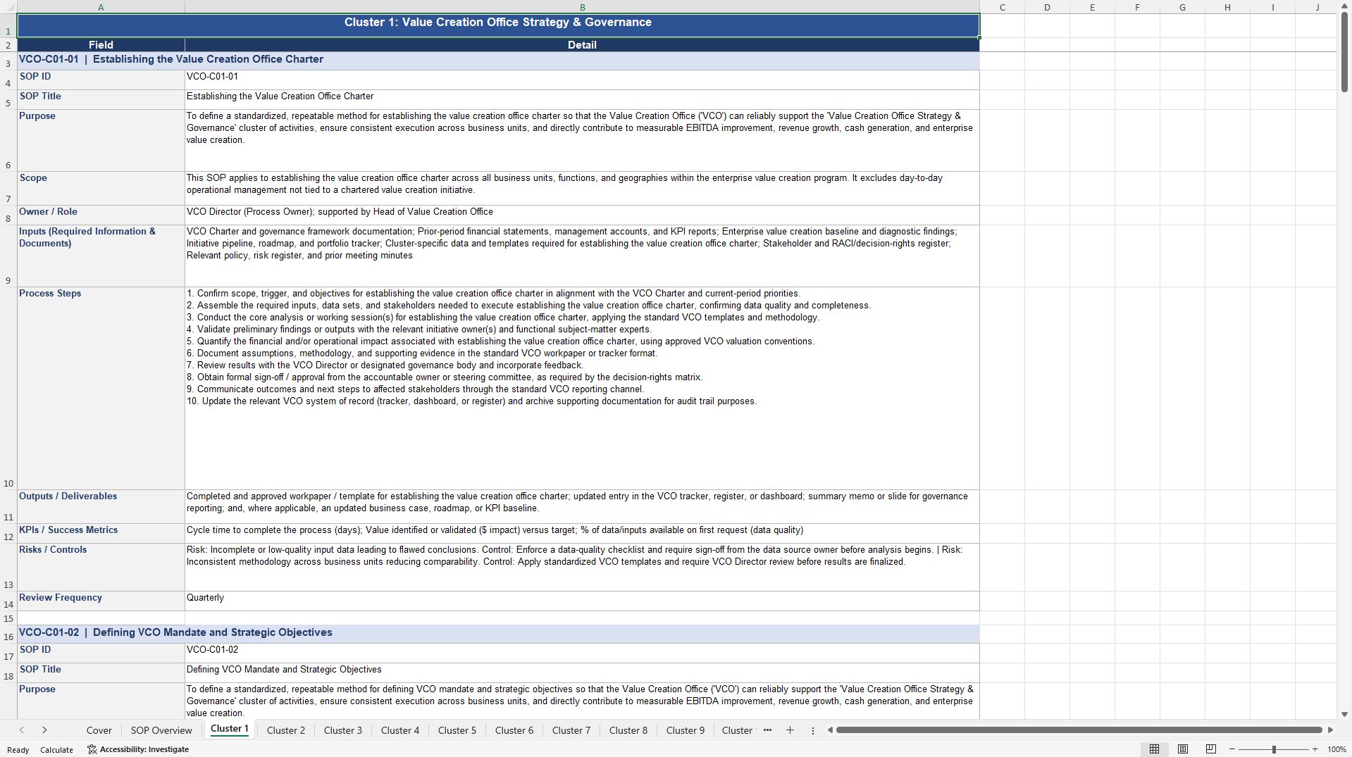 100+ Value Creation Office SOPs (Excel template (XLSX)) Preview Image