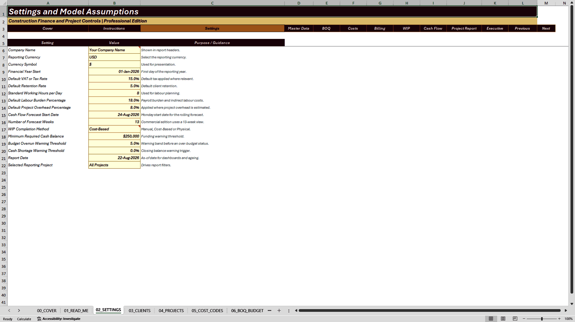 Construction Project Costing and Cash Flow System (Excel template (XLSX)) Preview Image