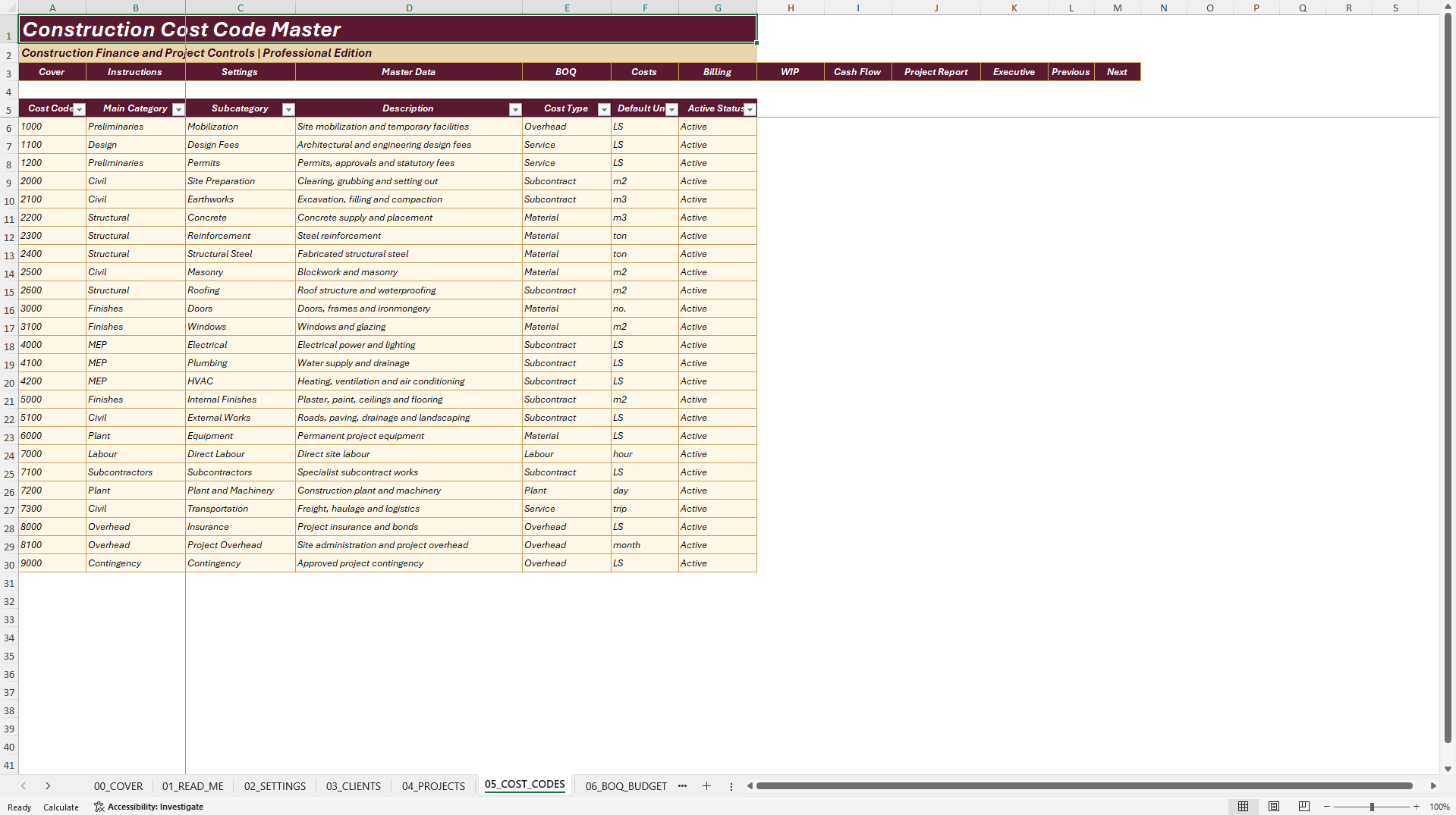 Construction Project Costing and Cash Flow System (Excel template (XLSX)) Preview Image