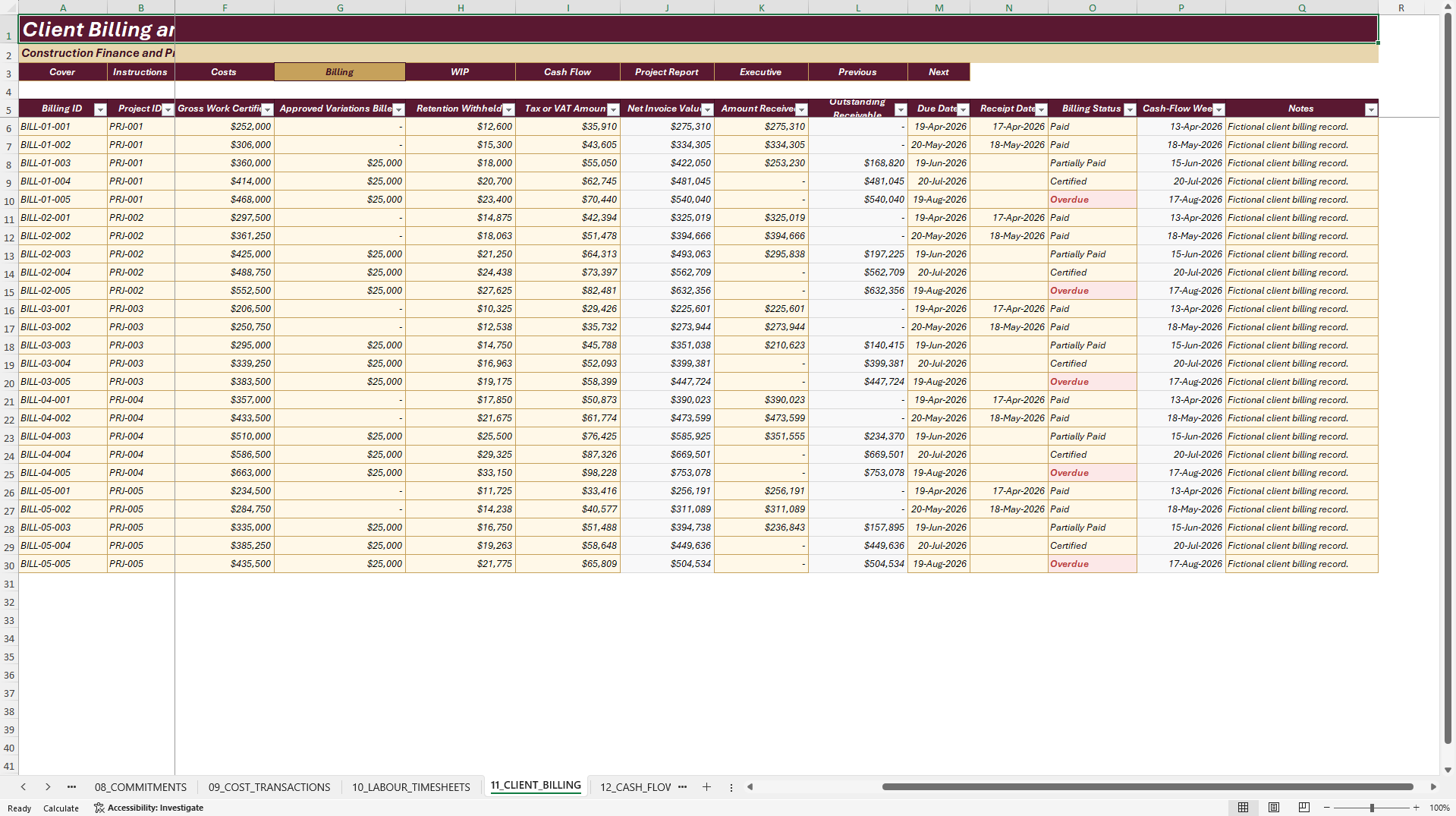 Construction Project Costing and Cash Flow System (Excel template (XLSX)) Preview Image