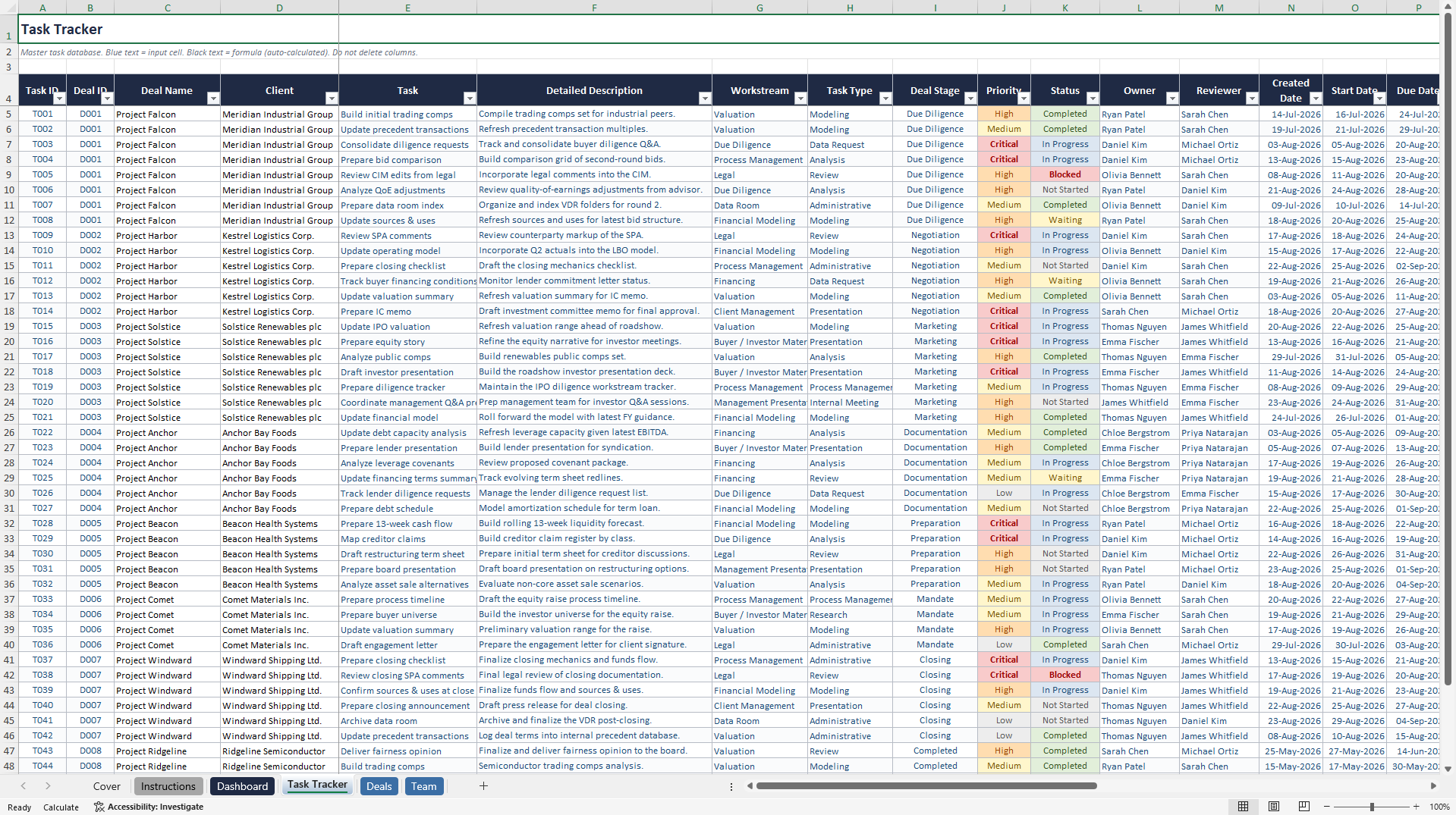 Investment Banking Task Tracker (Excel template (XLSX)) Preview Image