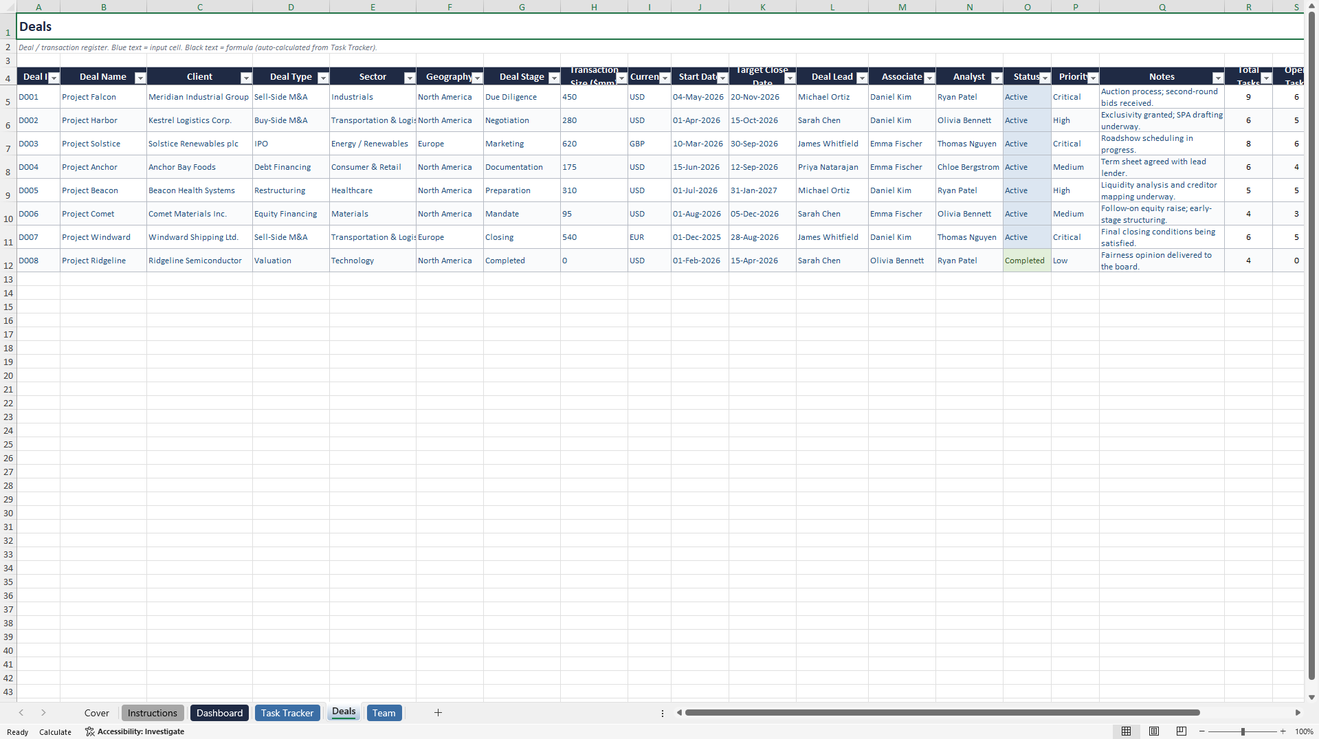 Investment Banking Task Tracker (Excel template (XLSX)) Preview Image