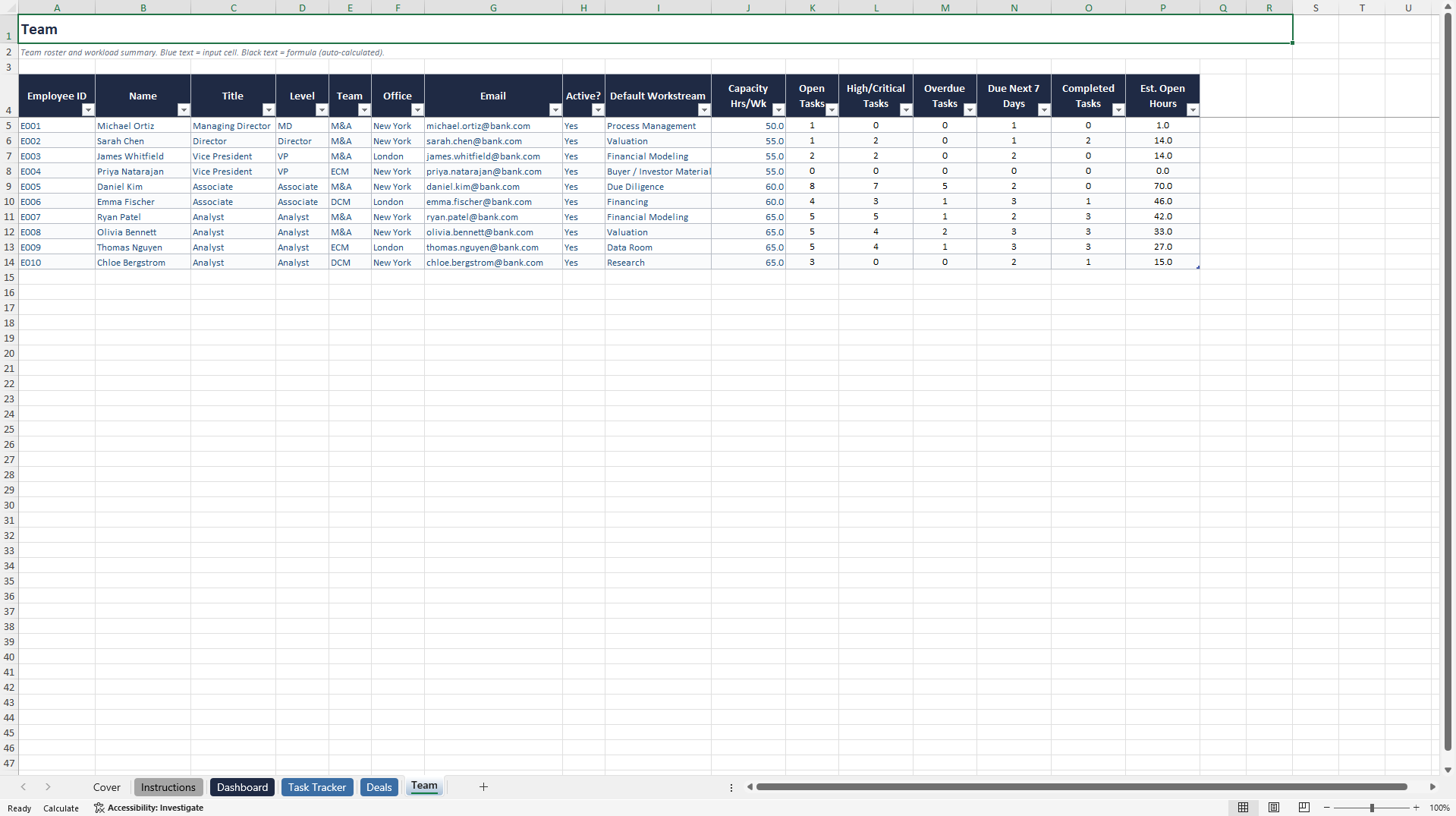 Investment Banking Task Tracker (Excel template (XLSX)) Preview Image