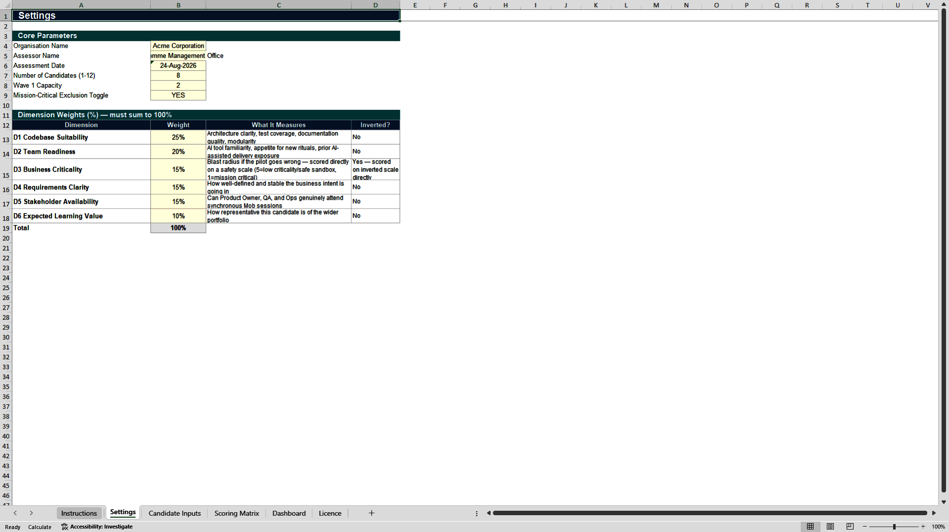 AI-DLC Pilot Selection & Portfolio Segmentation Tool (Excel template (XLSX)) Preview Image