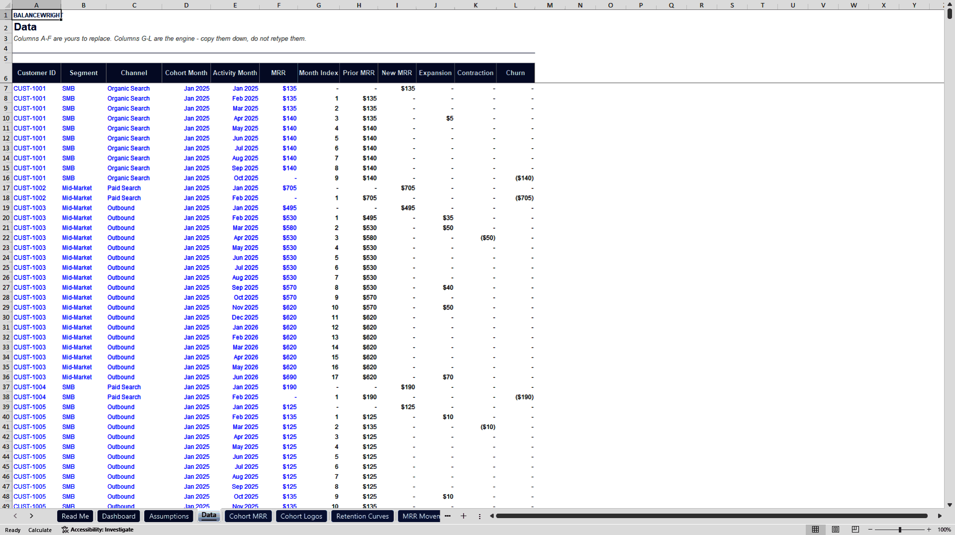 Subscription Cohort, Churn & Retention Analyzer (NRR/GRR) (Excel template (XLSX)) Preview Image