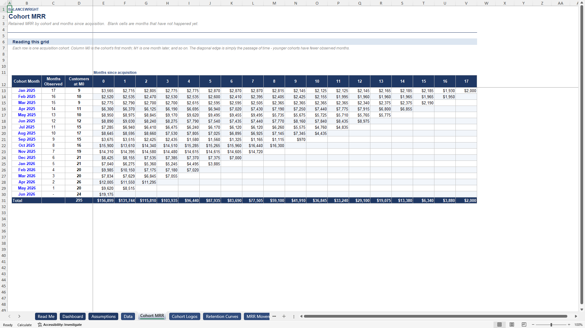 Subscription Cohort, Churn & Retention Analyzer (NRR/GRR) (Excel template (XLSX)) Preview Image
