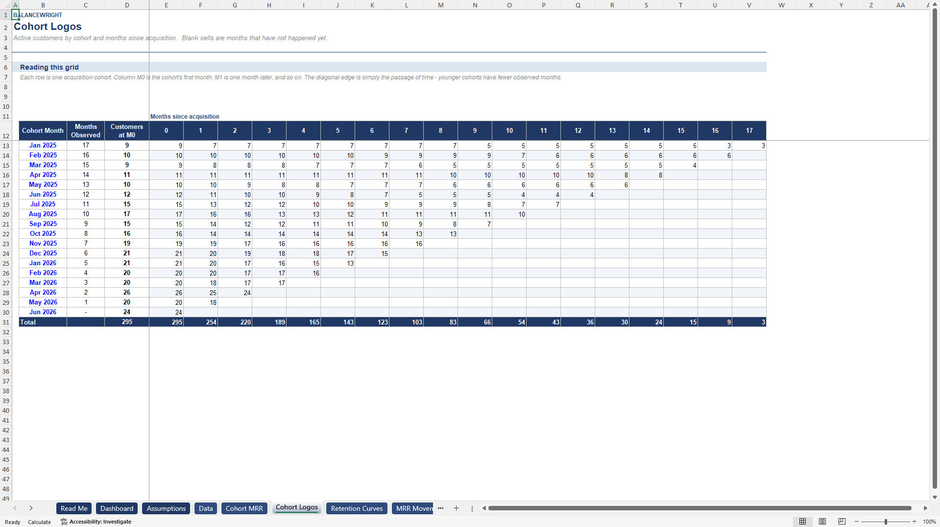 Subscription Cohort, Churn & Retention Analyzer (NRR/GRR) (Excel template (XLSX)) Preview Image