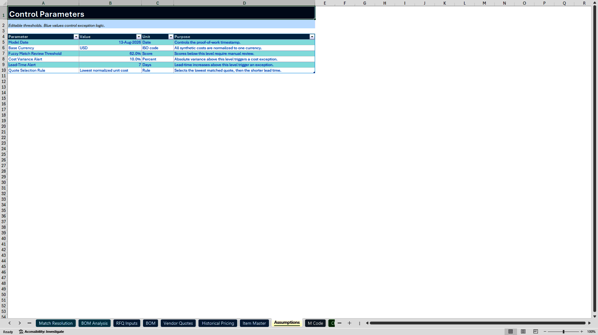 RFQ and BOM Pricing Control Tower (Excel template (XLSX)) Preview Image