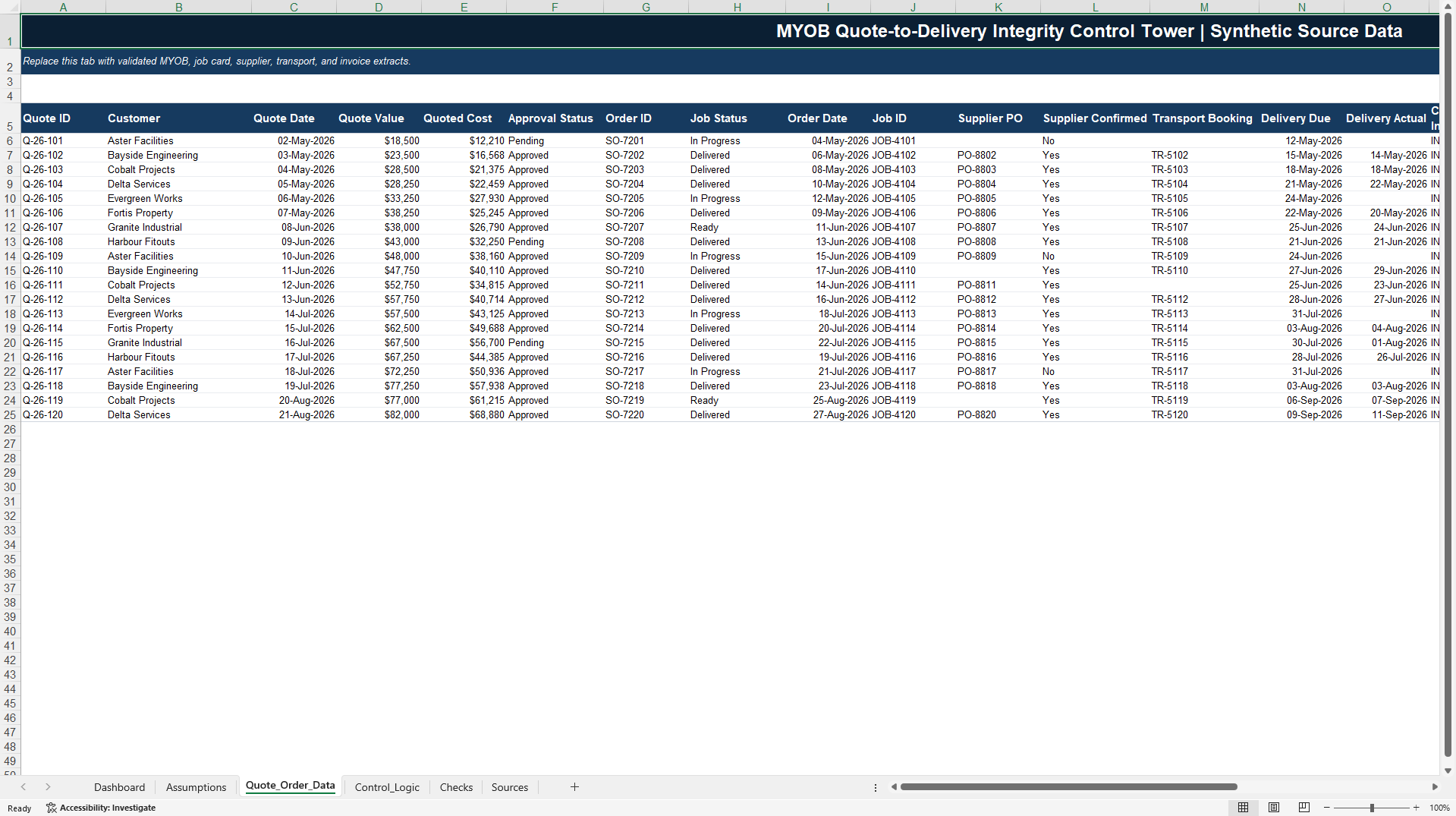 MYOB Quote-to-Delivery Integrity Control Tower (Excel template (XLSX)) Preview Image