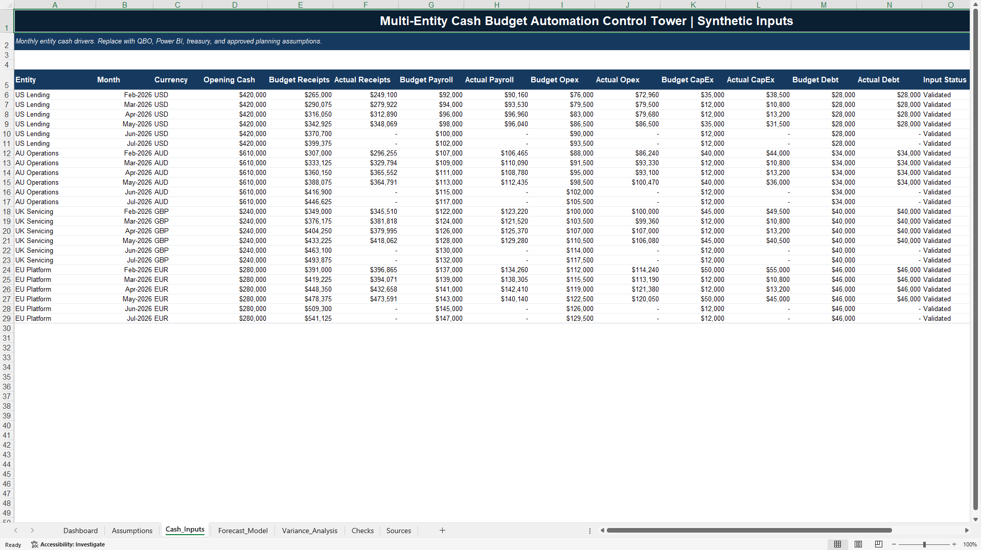 Multi-Entity Cash Budget Automation Control Tower (Excel template (XLSX)) Preview Image