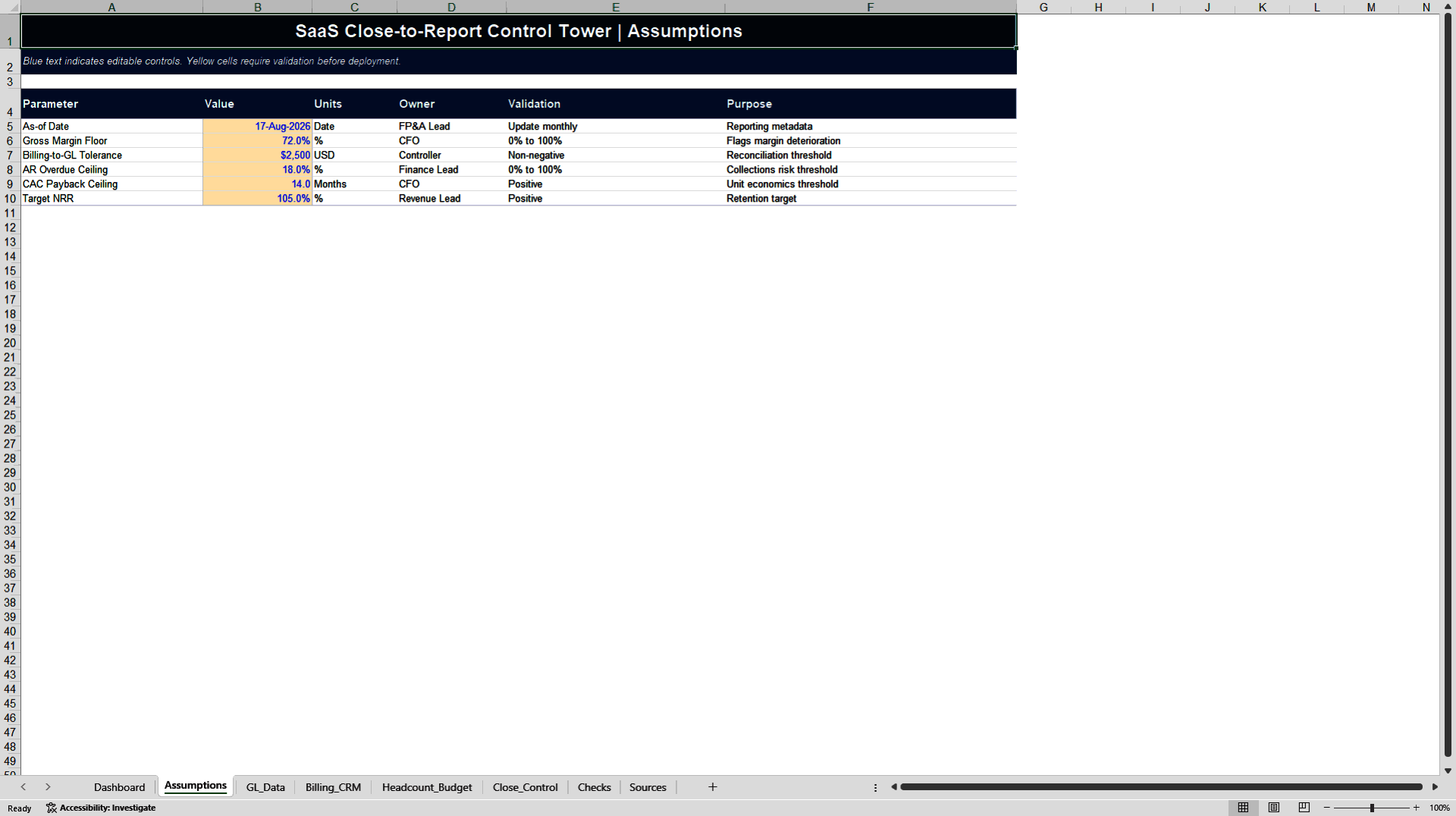 SaaS Close-to-Report Control Tower (Excel template (XLSX)) Preview Image