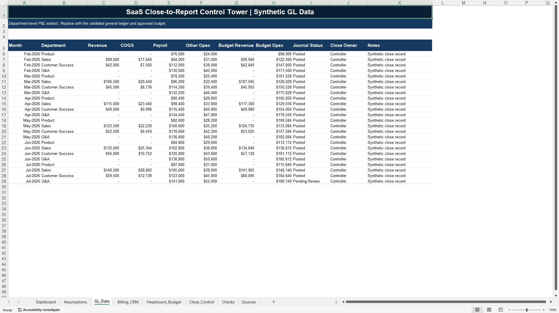 SaaS Close-to-Report Control Tower (Excel template (XLSX)) Preview Image