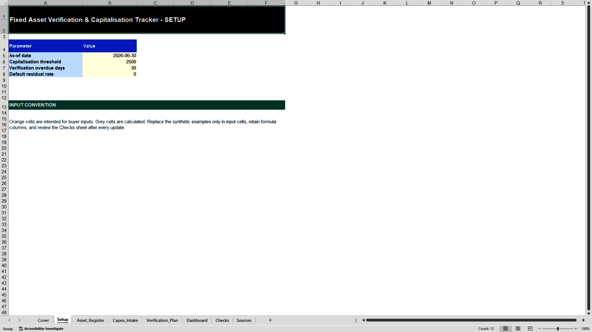 Fixed Asset Verification and Capitalisation Tracker (Excel template (XLSX)) Preview Image