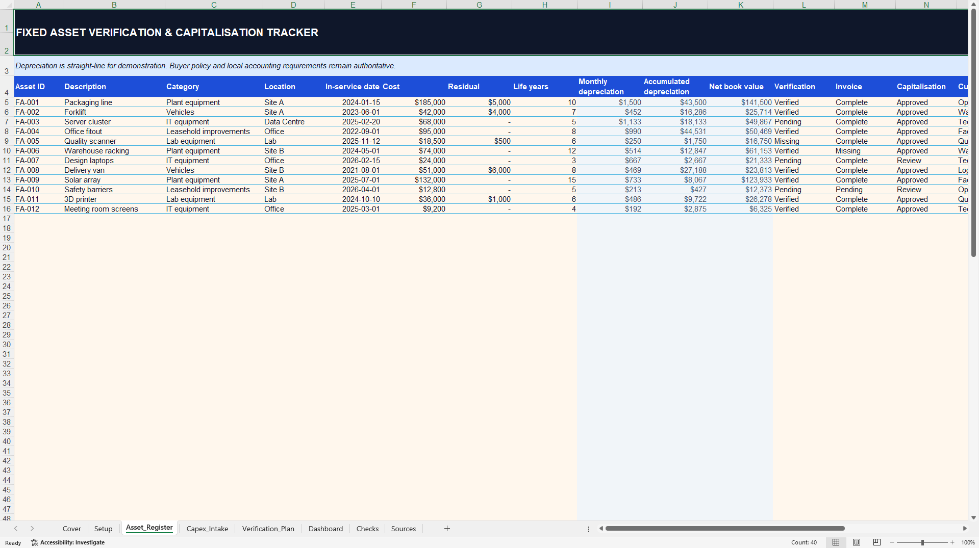 Fixed Asset Verification and Capitalisation Tracker (Excel template (XLSX)) Preview Image