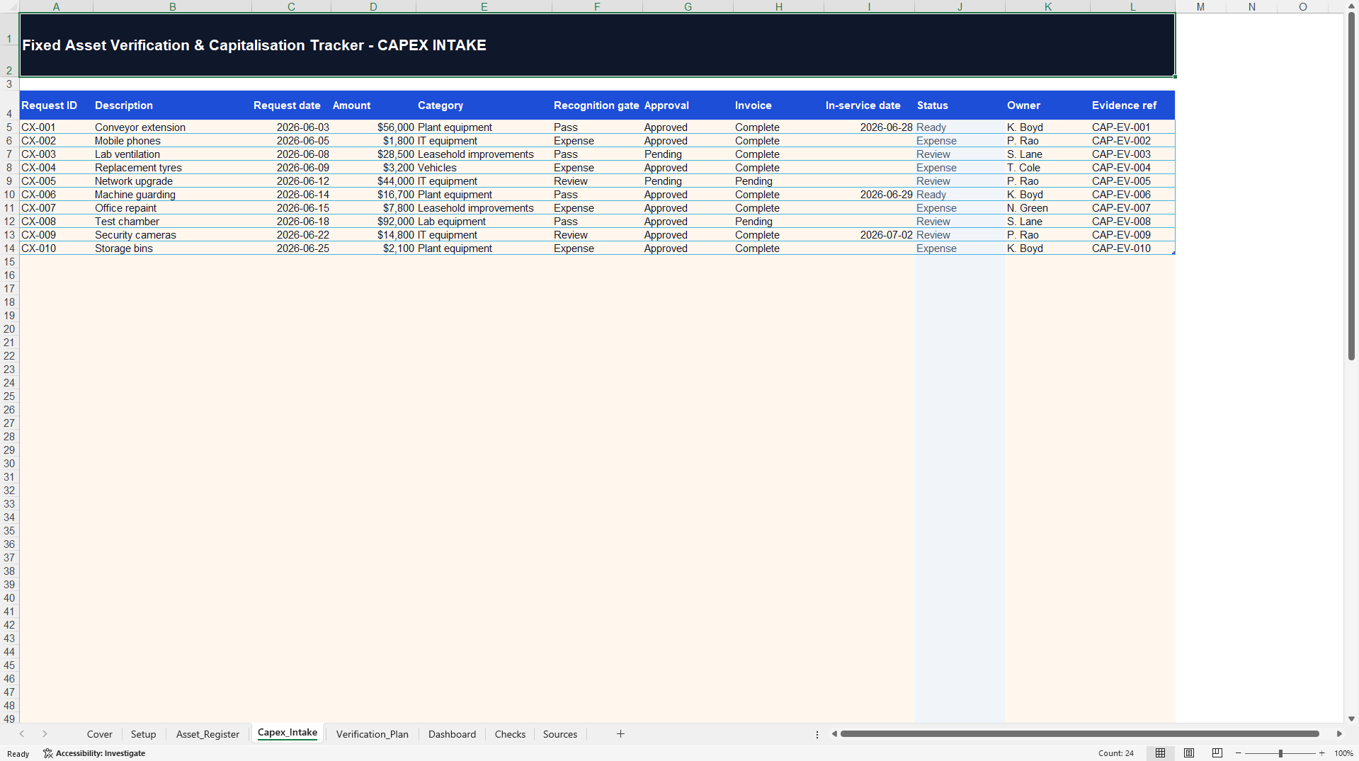 Fixed Asset Verification and Capitalisation Tracker (Excel template (XLSX)) Preview Image