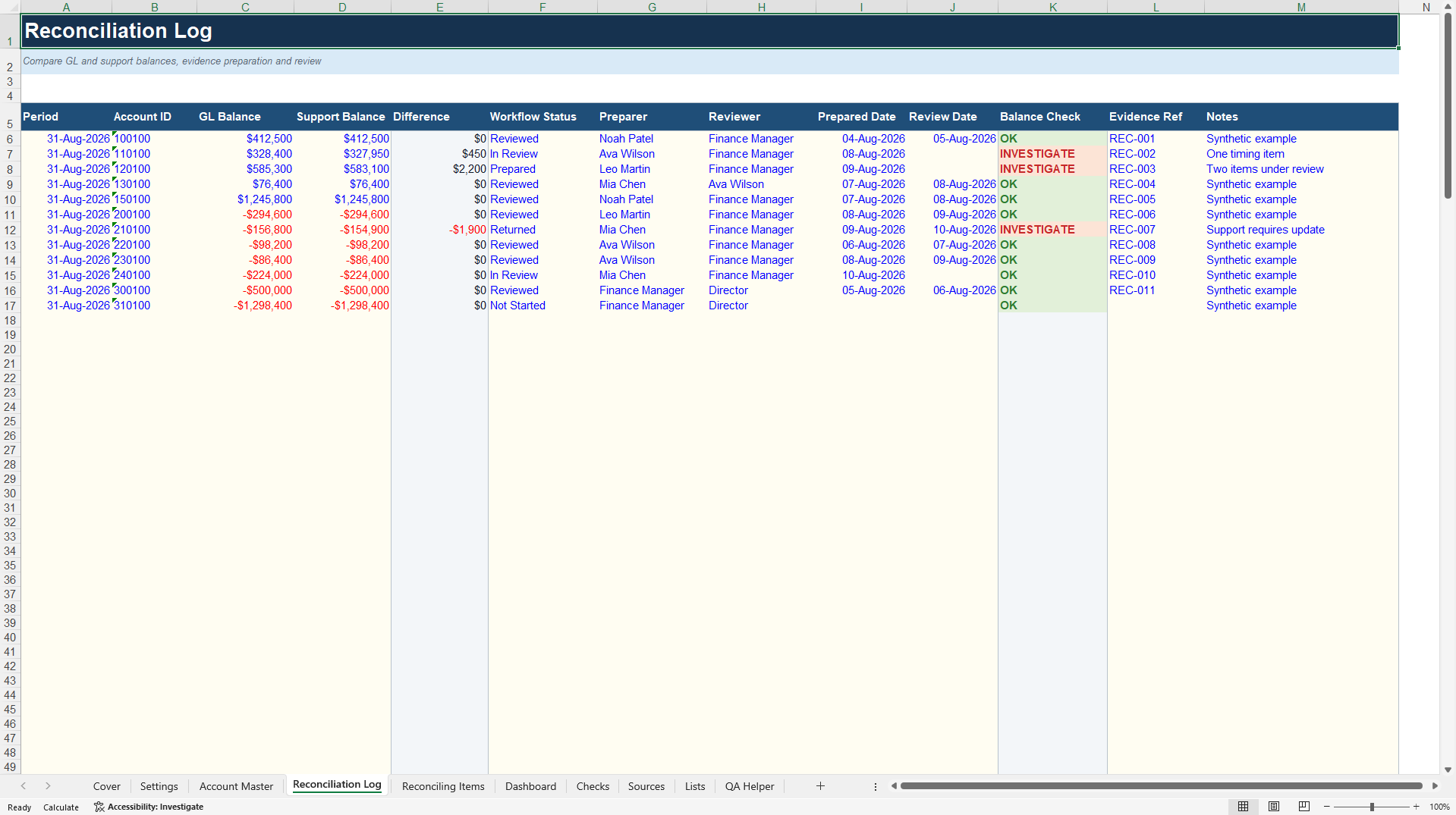 Finance Close and Reconciliation Control Toolkit (Excel template (XLSX)) Preview Image