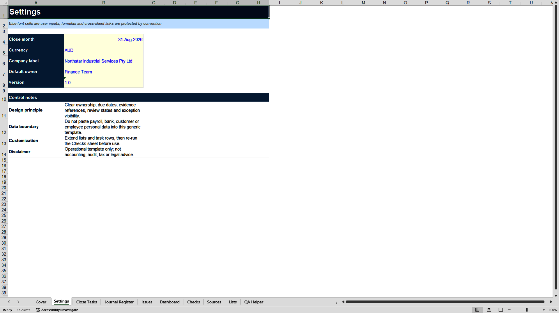 Finance Close Control Tower (Excel template (XLSX)) Preview Image