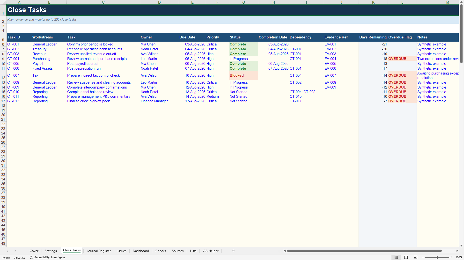 Finance Close Control Tower (Excel template (XLSX)) Preview Image