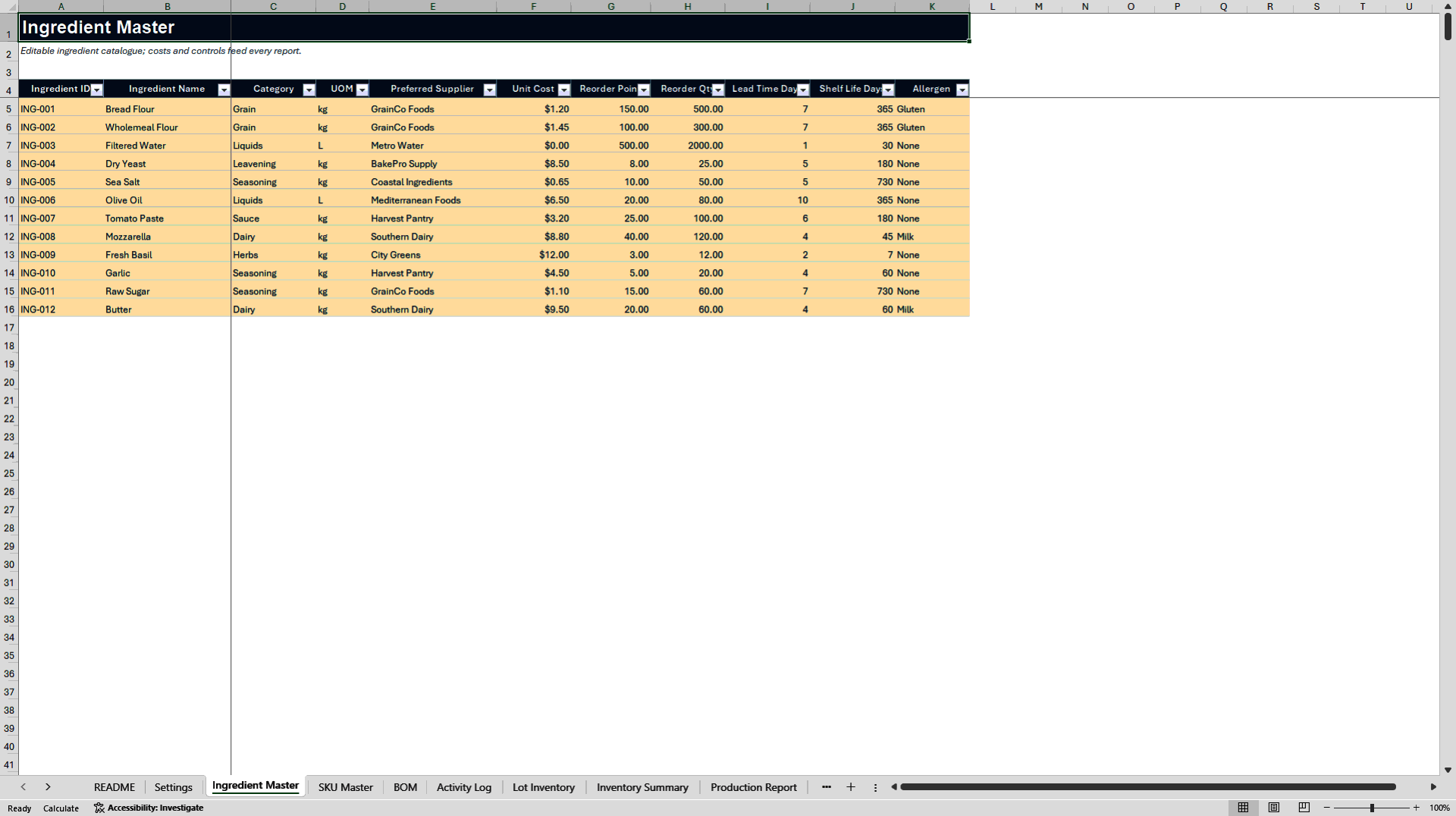 Food Ingredient Inventory System (Excel template (XLSX)) Preview Image