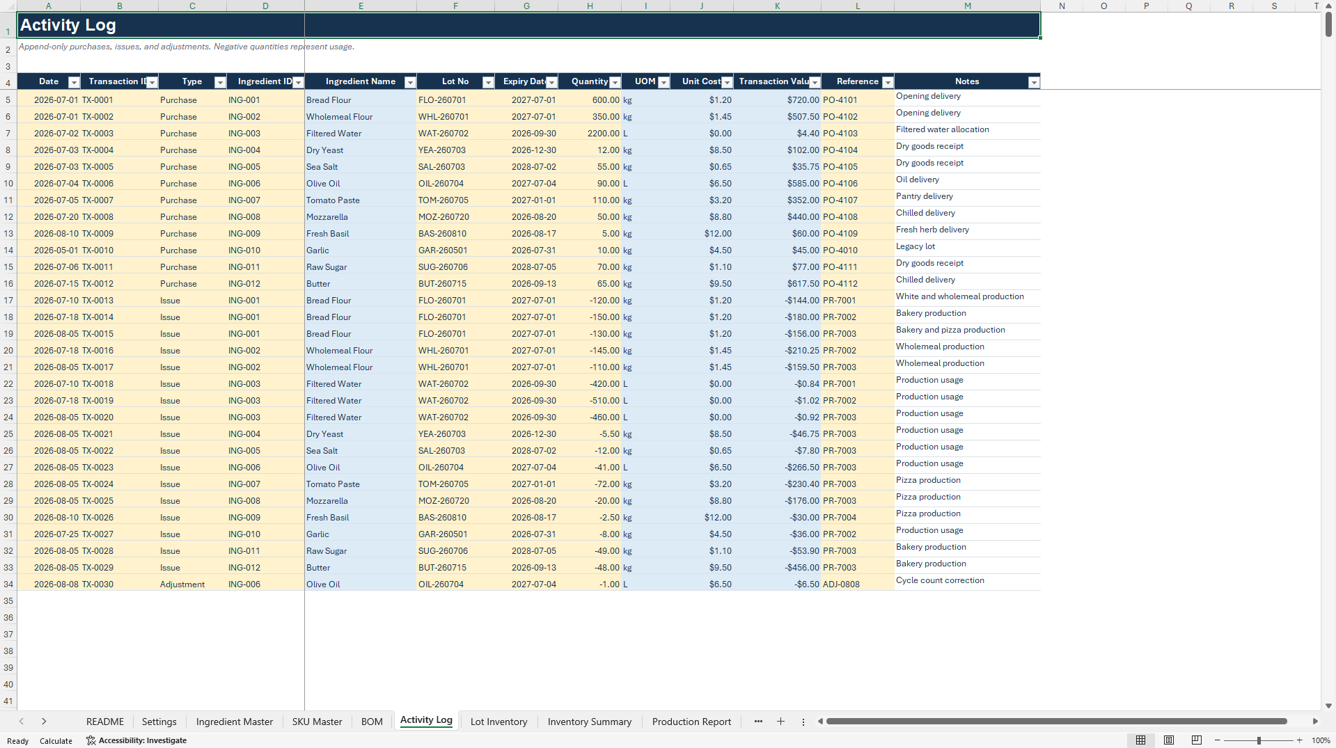 Food Ingredient Inventory System (Excel template (XLSX)) Preview Image