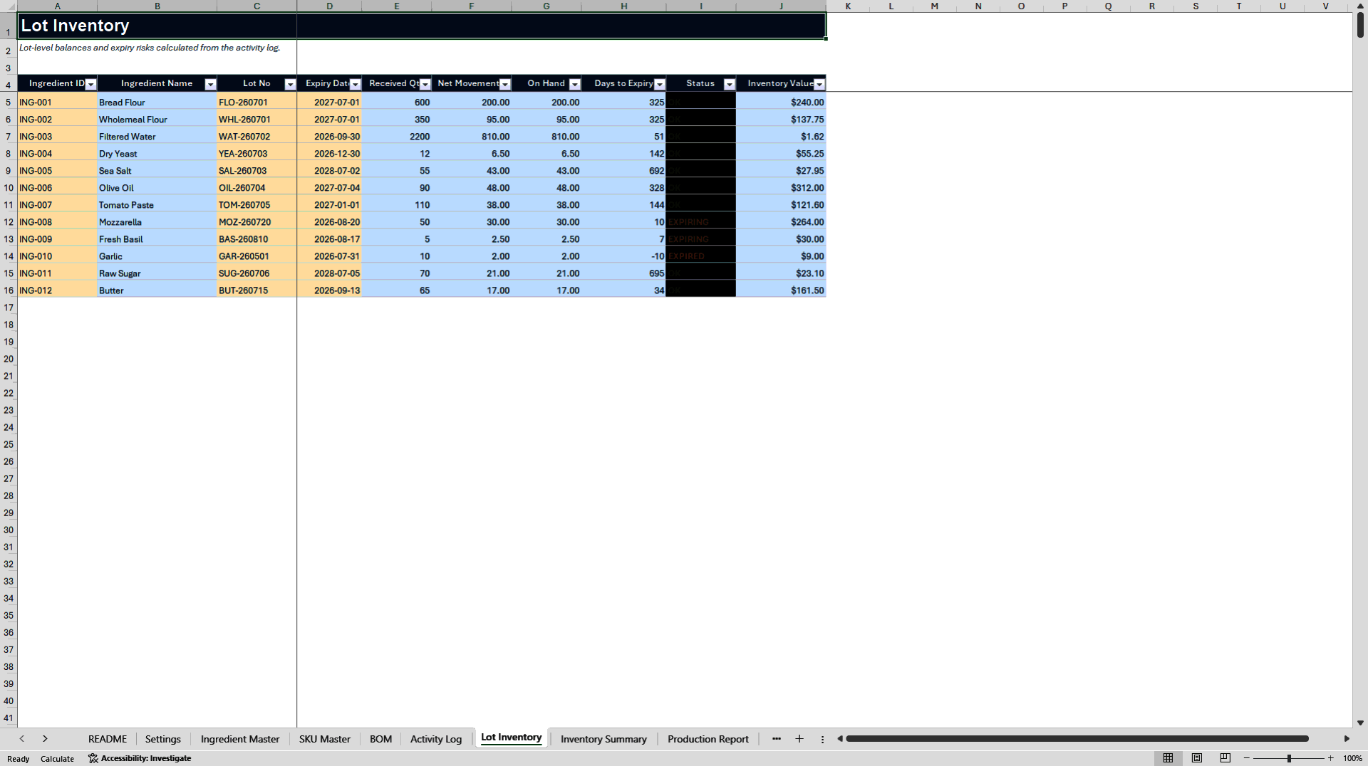 Food Ingredient Inventory System (Excel template (XLSX)) Preview Image