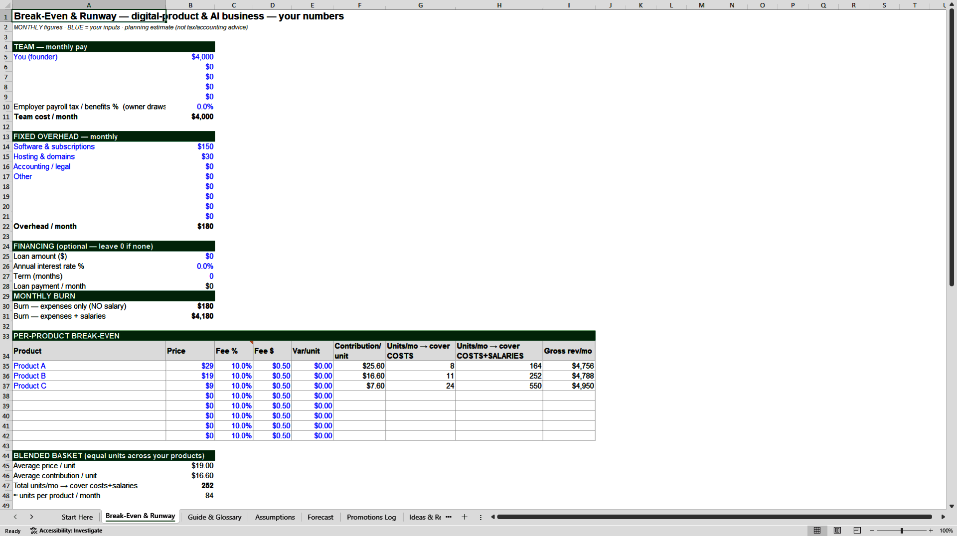Break-Even, Runway & Profit Forecast Model (Excel template (XLSX)) Preview Image