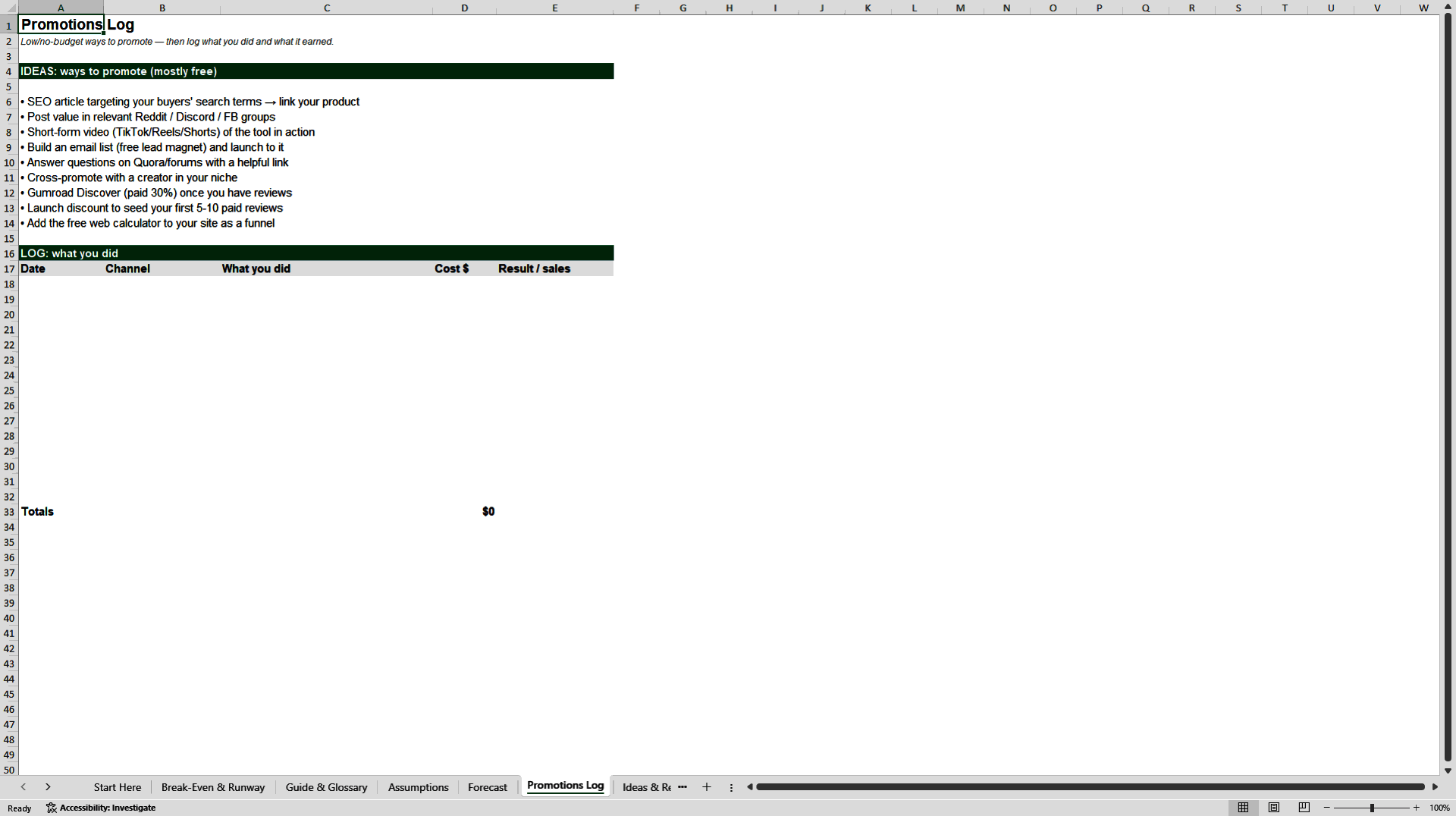 Break-Even, Runway & Profit Forecast Model (Excel template (XLSX)) Preview Image