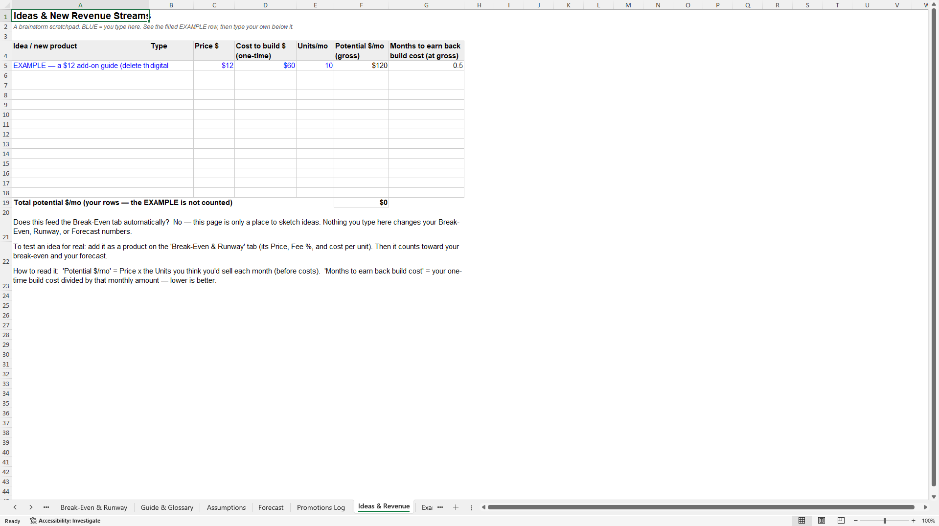 Break-Even, Runway & Profit Forecast Model (Excel template (XLSX)) Preview Image