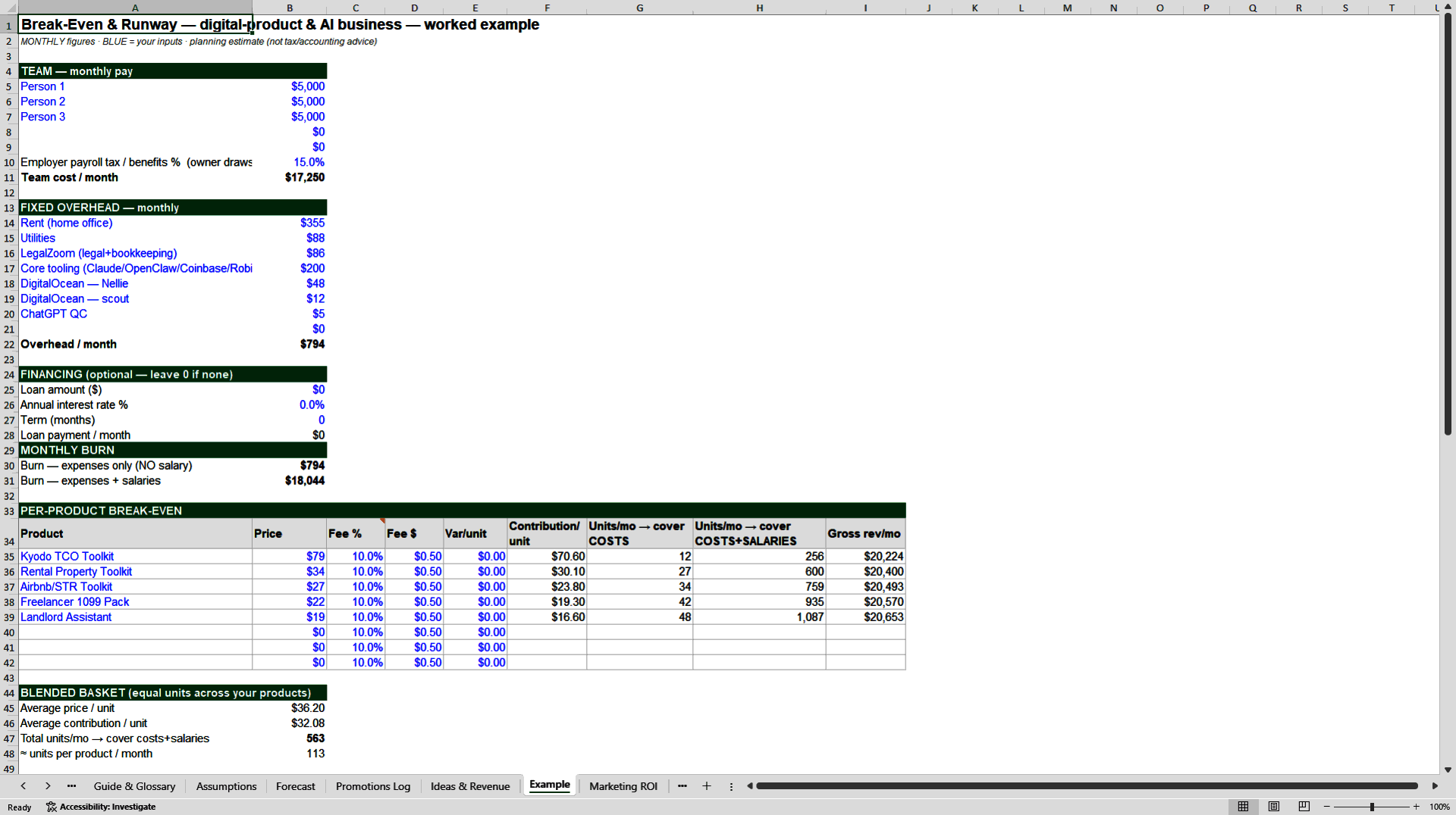 Break-Even, Runway & Profit Forecast Model (Excel template (XLSX)) Preview Image