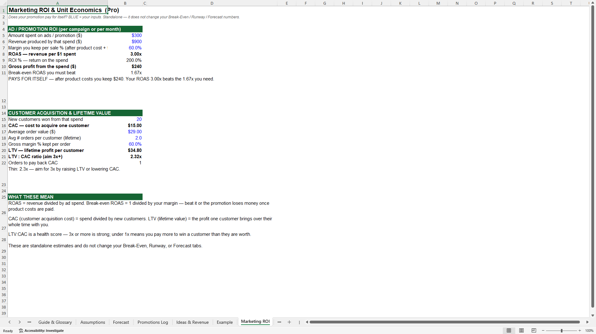 Break-Even, Runway & Profit Forecast Model (Excel template (XLSX)) Preview Image