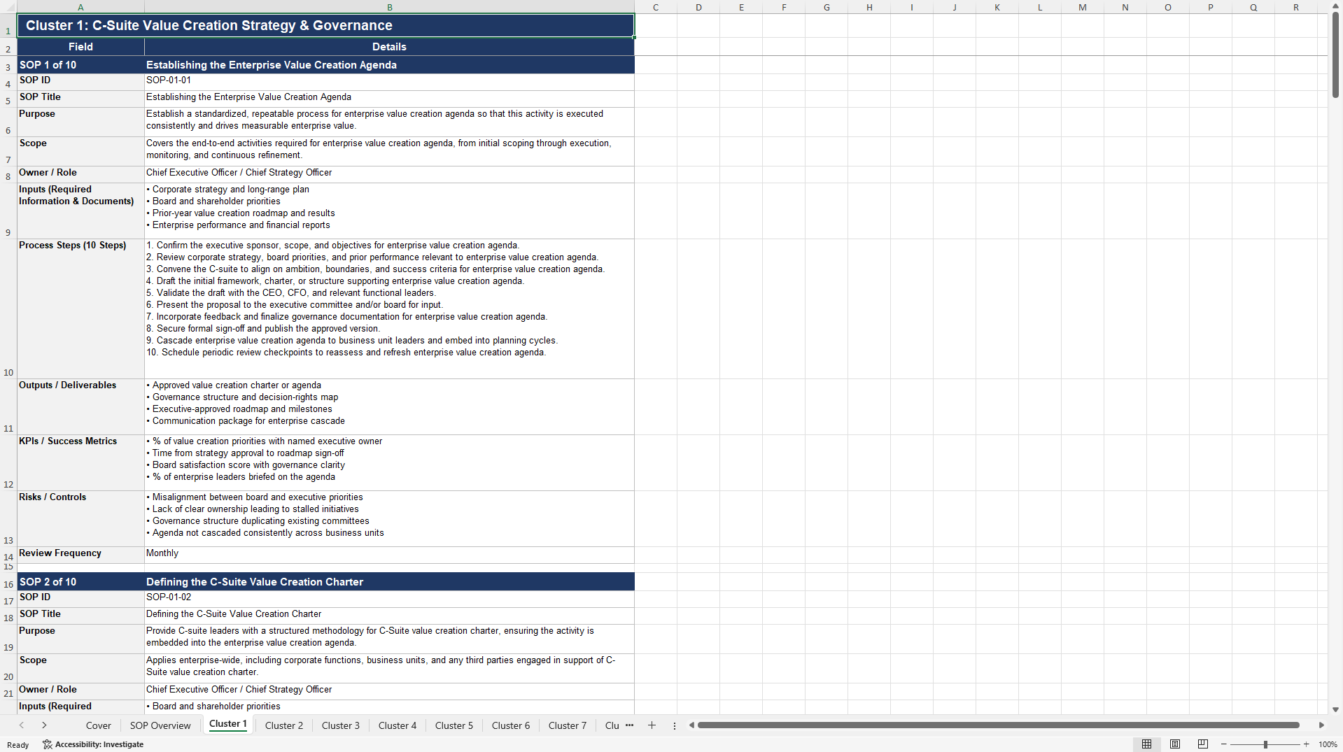 100+ C-Suite Value Creation SOPs (Excel template (XLSX)) Preview Image