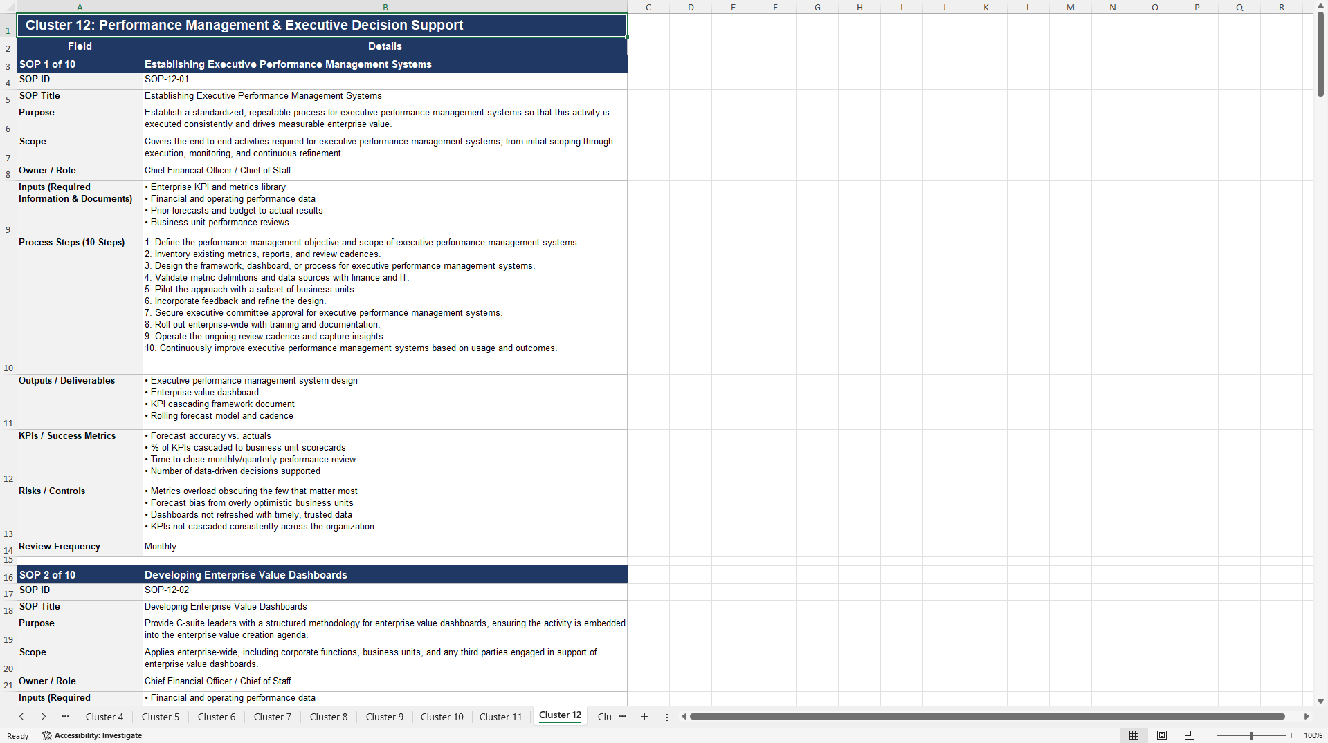 100+ C-Suite Value Creation SOPs (Excel template (XLSX)) Preview Image