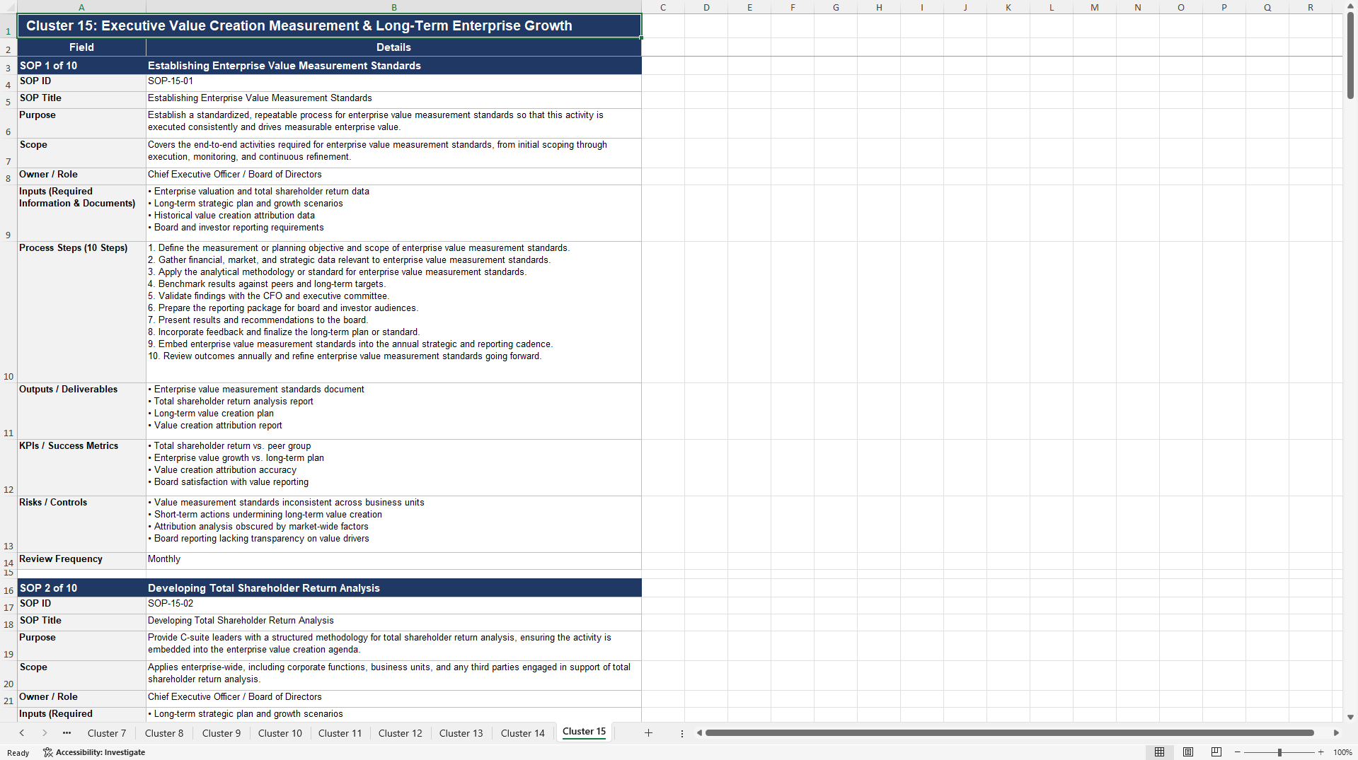 100+ C-Suite Value Creation SOPs (Excel template (XLSX)) Preview Image