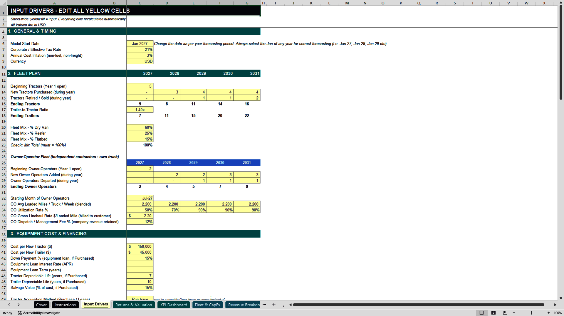 Trucking & Fleet Management Financial Model Template (Excel template (XLSX)) Preview Image