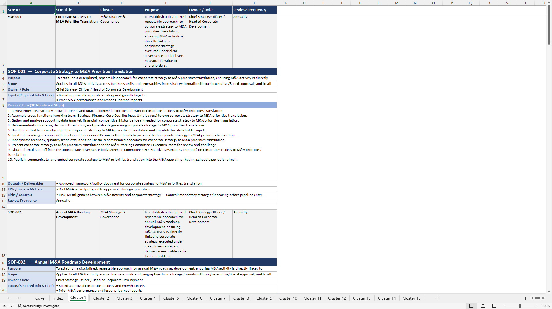 100+ M&A Excellence SOPs (Excel template (XLSX)) Preview Image