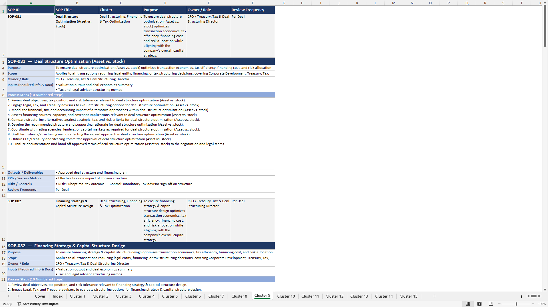 100+ M&A Excellence SOPs (Excel template (XLSX)) Preview Image