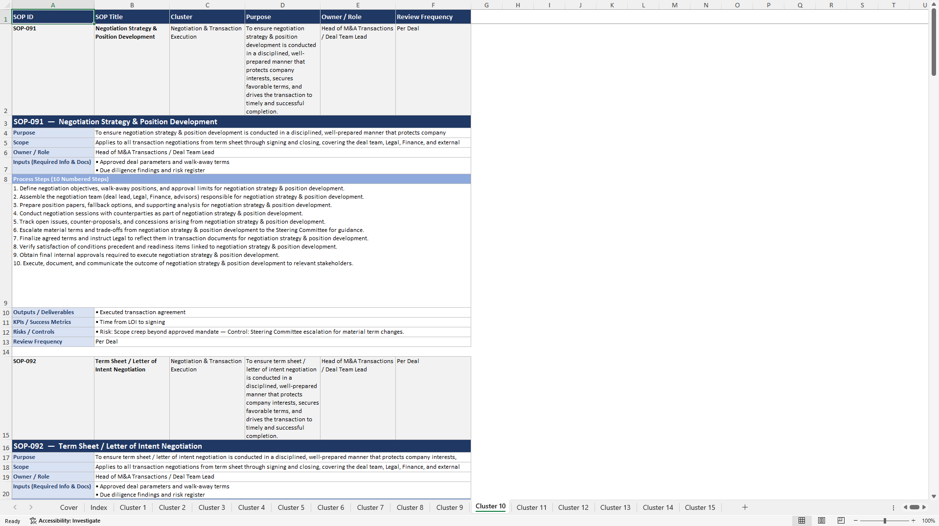 100+ M&A Excellence SOPs (Excel template (XLSX)) Preview Image